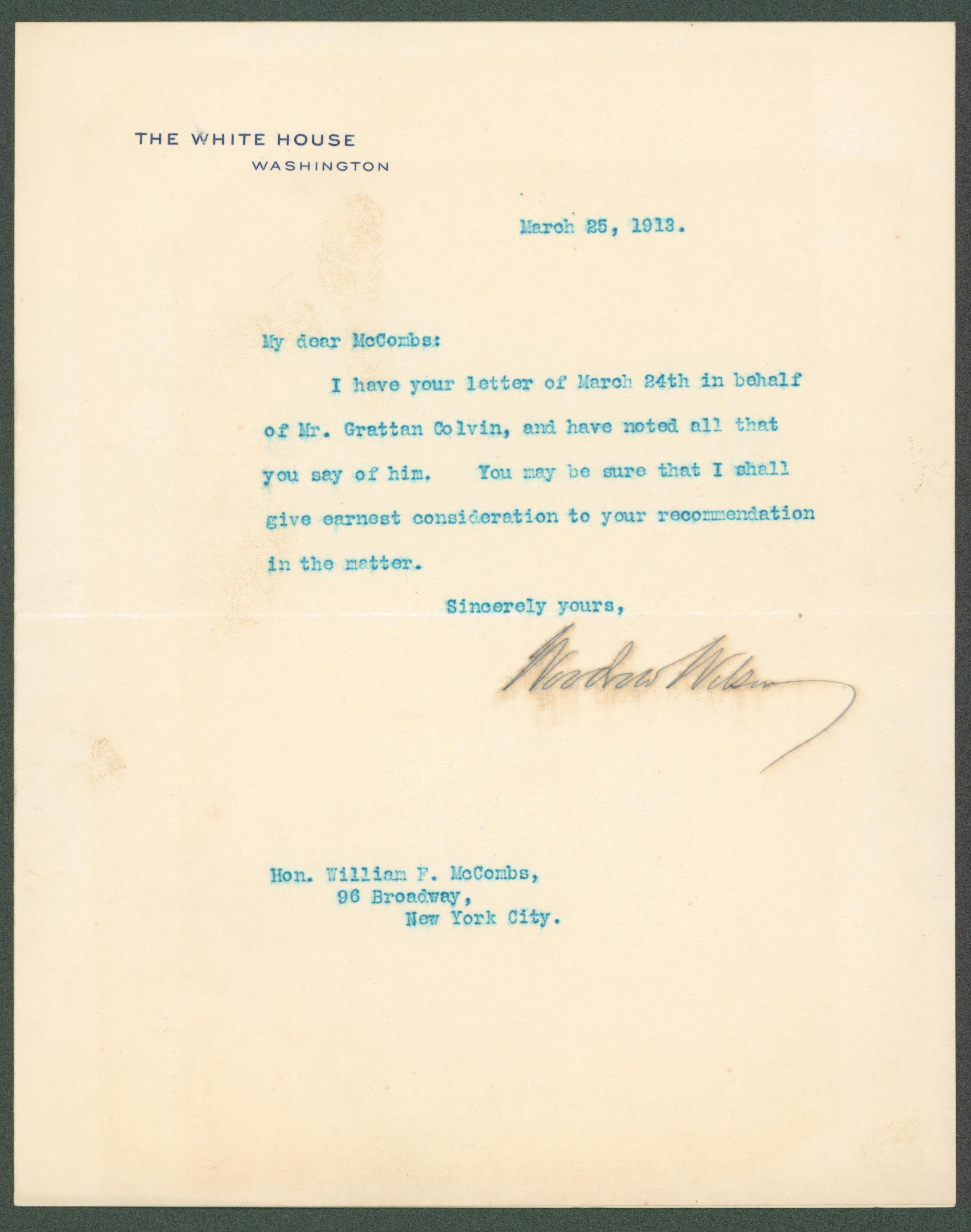 Woodrow Wilson Signed 7x8.8 1913 Letter On White House Letterhead BAS #AB14532
