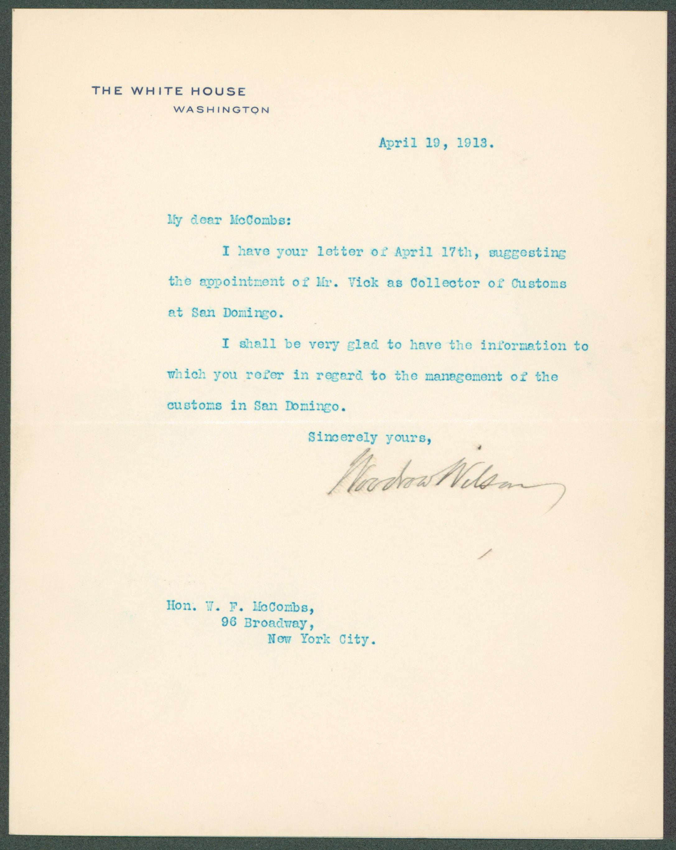 Woodrow Wilson Authentic Signed 7x8.8 Letter Dated April 19, 1913 BAS #AB14533