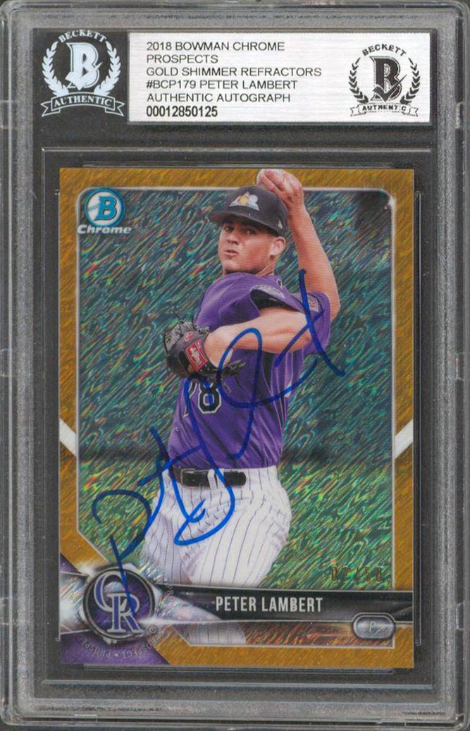 Peter Lambert Signed 2018 Bowman Chrome Prospects Gold Refractors Card BAS Slab