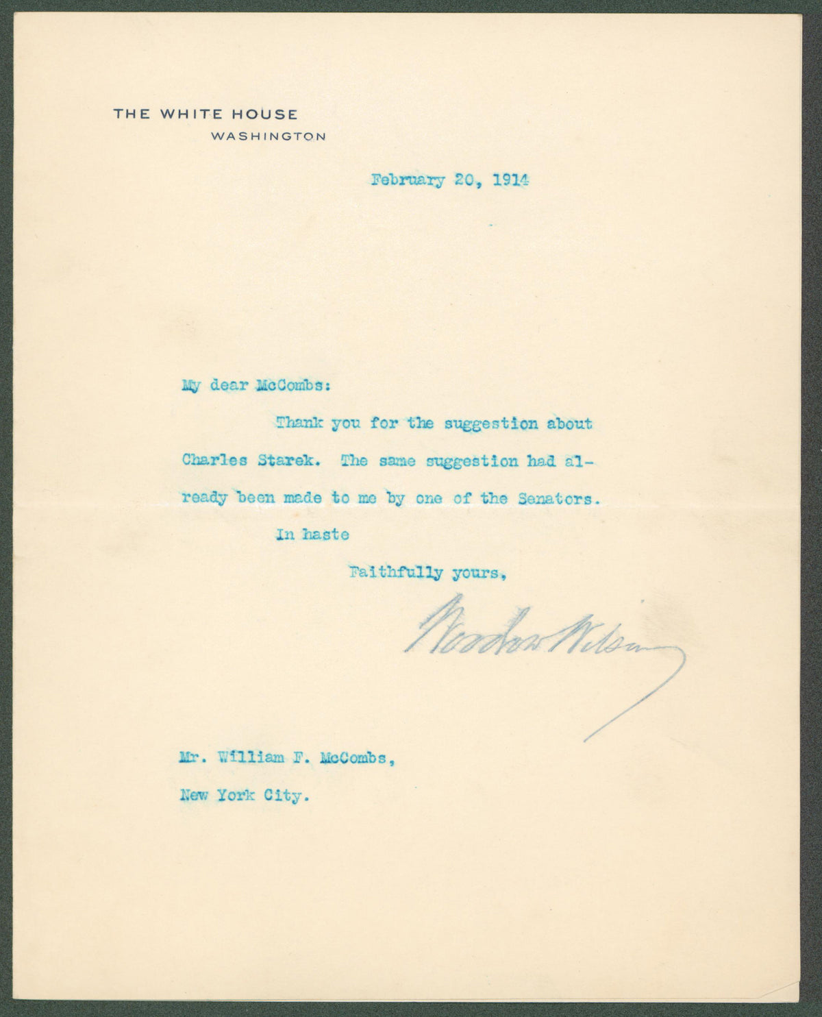 Woodrow Wilson Signed 7x8.8 1914 Letter On White House Letterhead BAS #AB14540