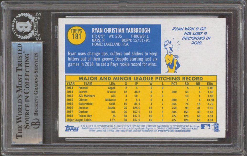 Rays Ryan Yarbrough Authentic Signed 2019 Topps Heritage #181 Card BAS Slabbed