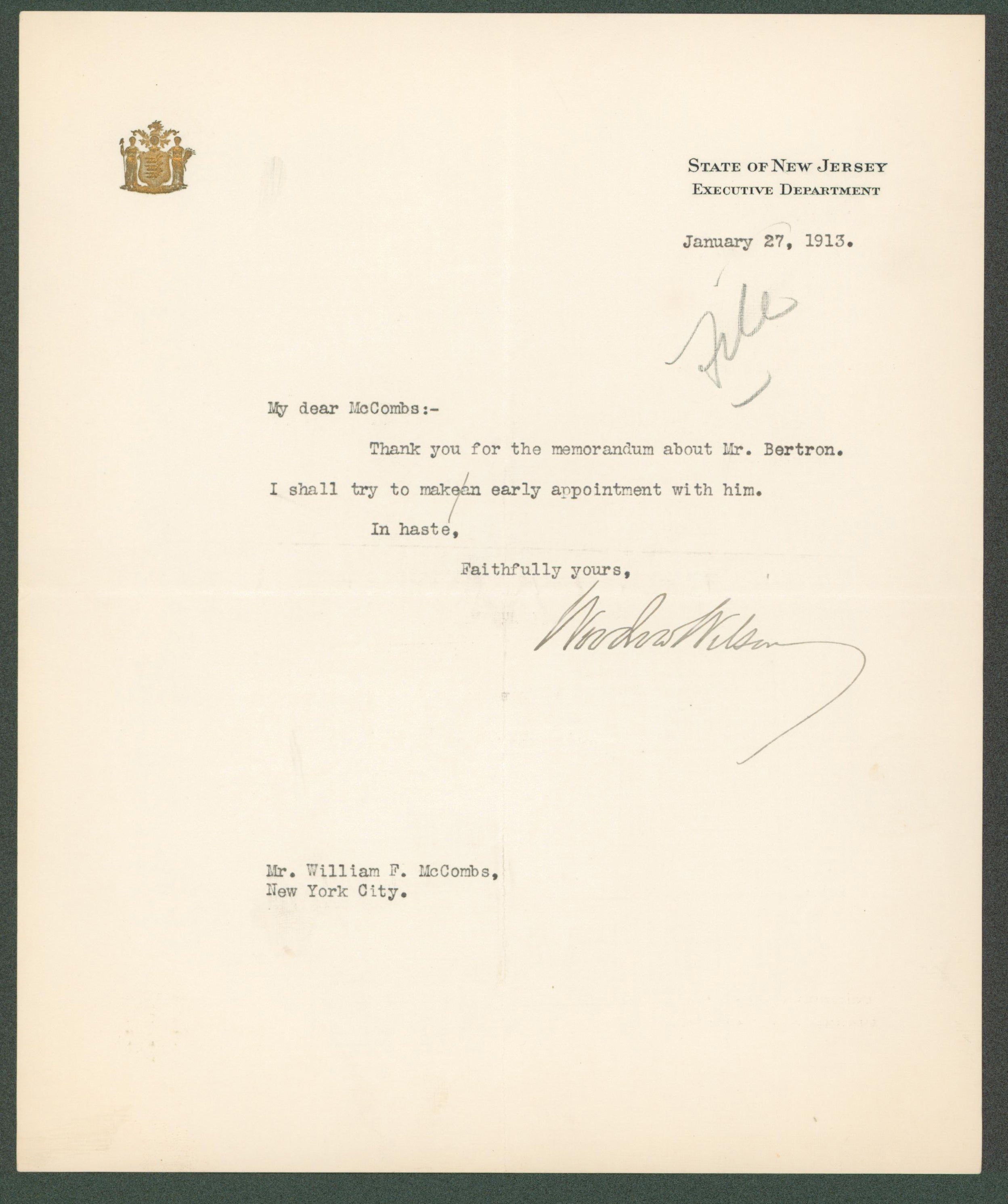 Woodrow Wilson Authentic Signed 7.85x9.5 Letter January 27, 1913 BAS #AB14545