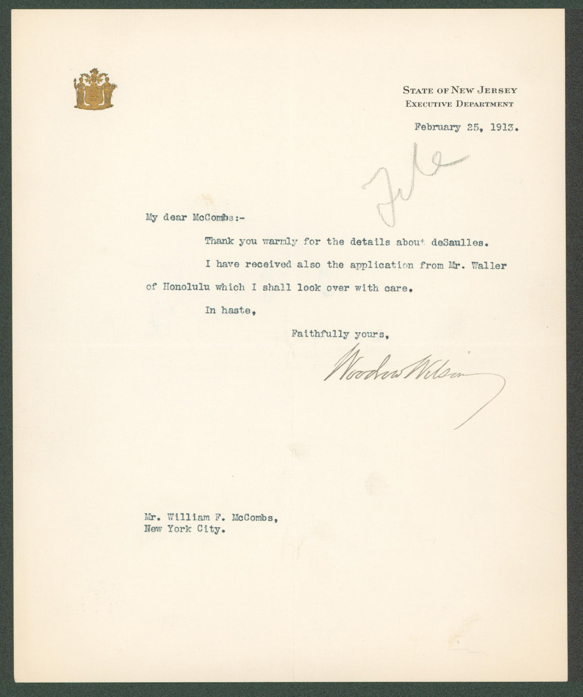Woodrow Wilson Authentic Signed 8x9.65 Letter February 25, 1913 BAS #AB14549