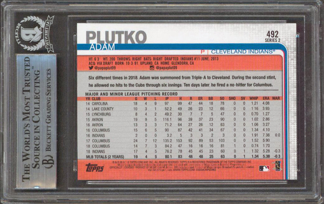 Indians Adam Plutko Authentic Signed 2019 Topps #492 Rookie Card BAS Slabbed