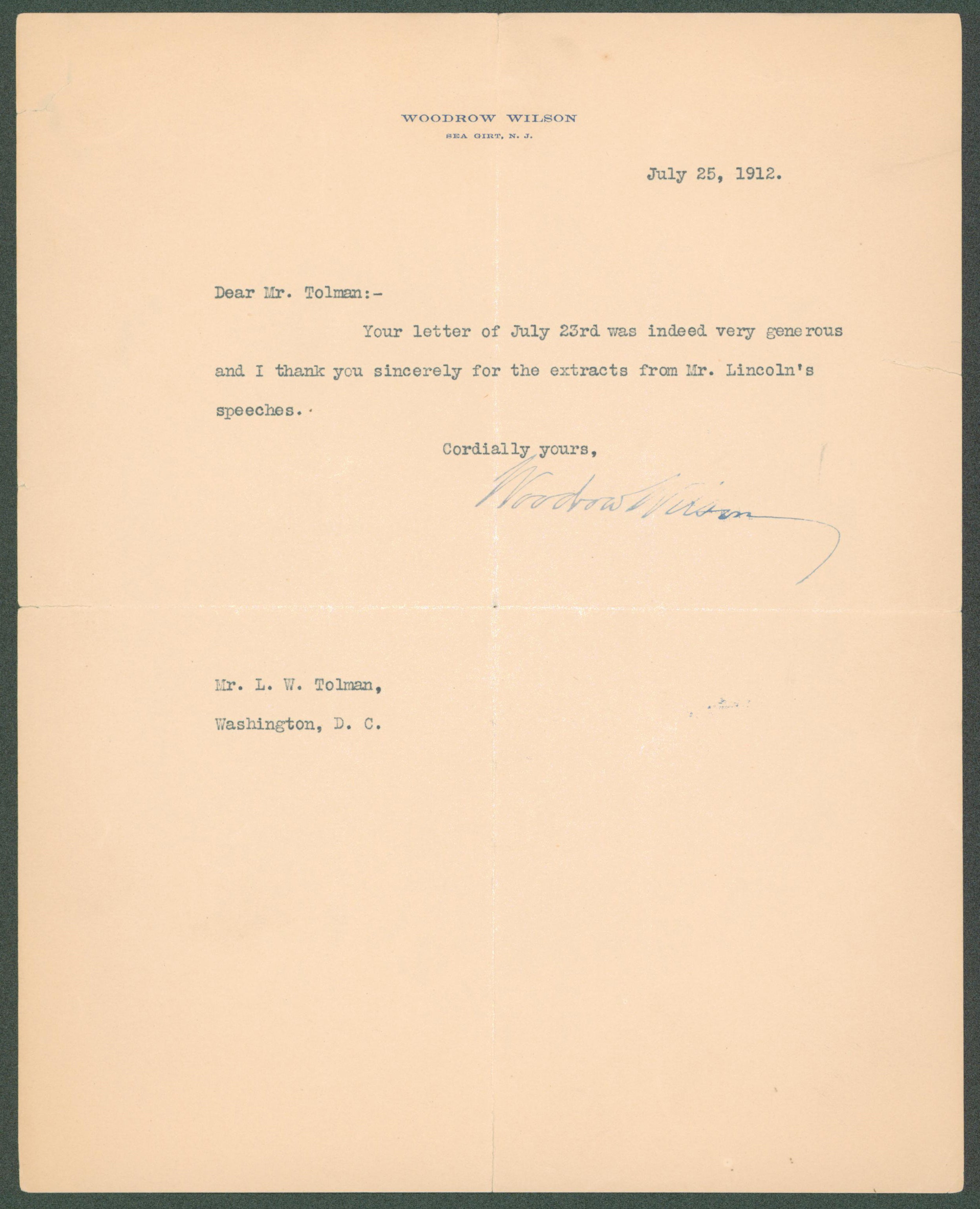 Woodrow Wilson Authentic Signed 8x10 Letter Dated July 25, 1912 BAS #AB14552