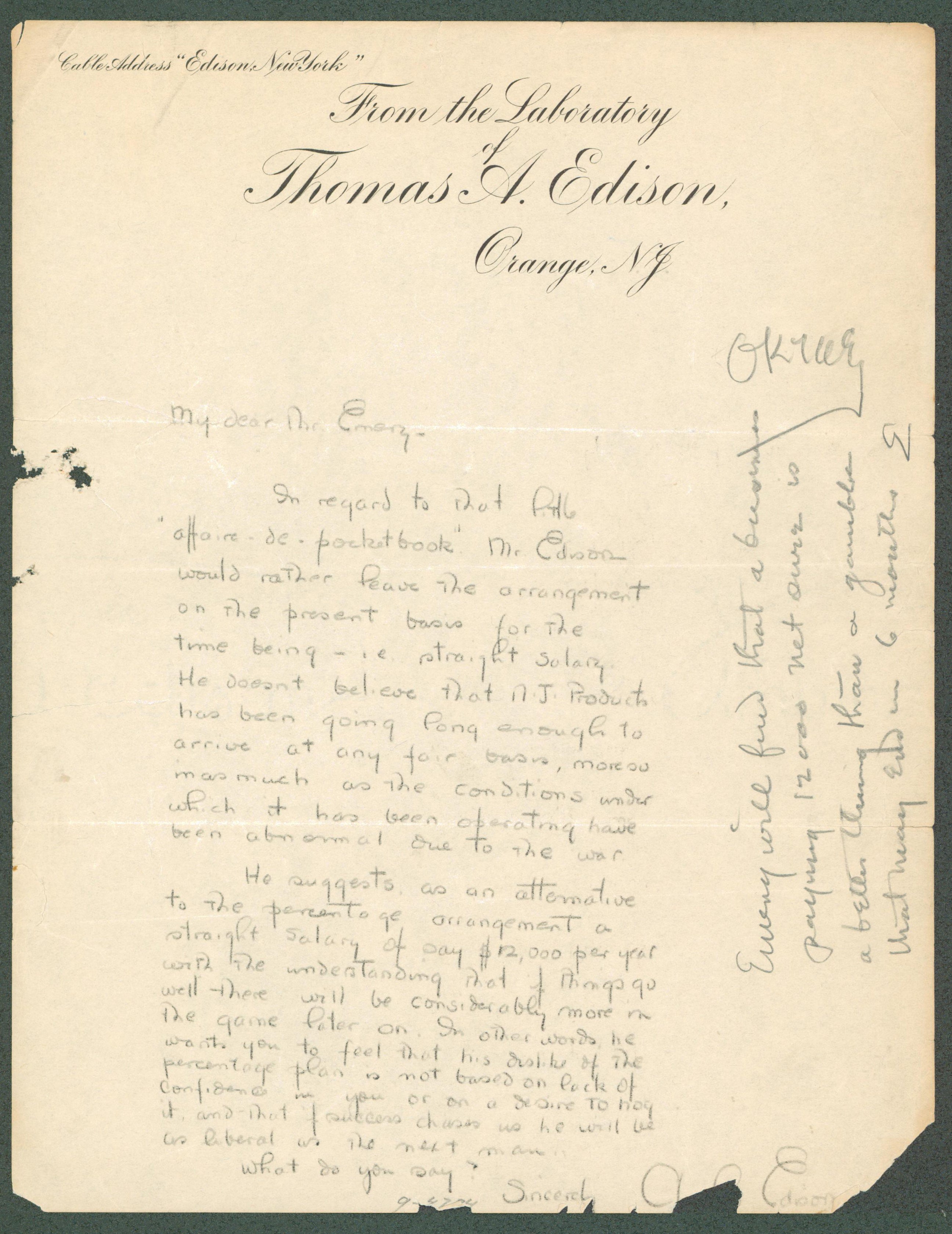 Thomas Edison Authentic Signed 8.5x11 Letter on Personal Stationary BAS #AB14575