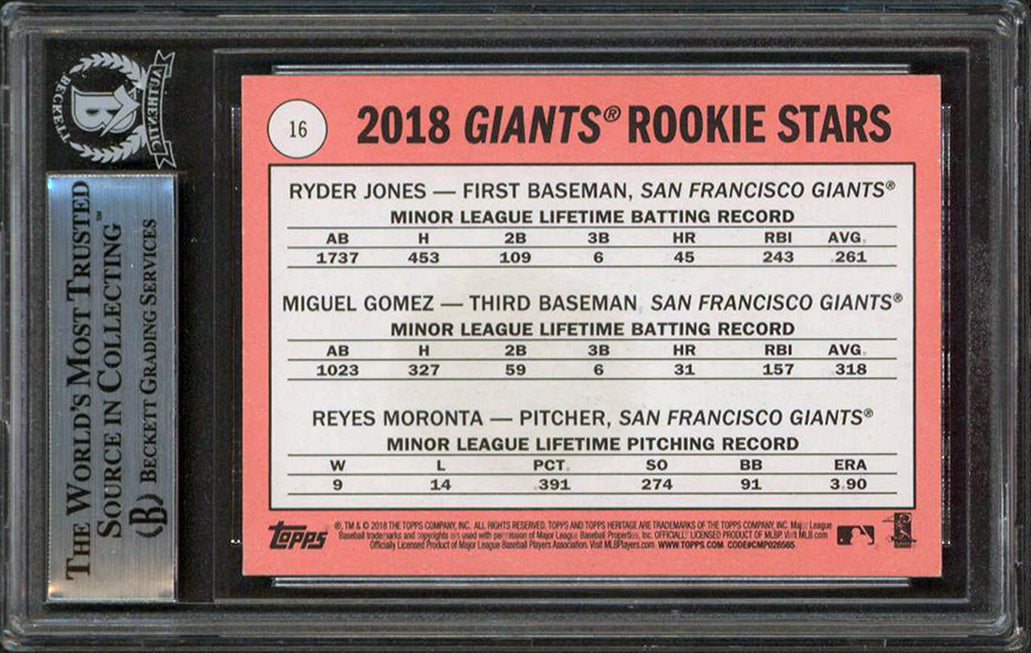 Giants Jones/Gomez/Moronta Authentic Signed 2018 Topps Heritage 16 Card BAS Slab