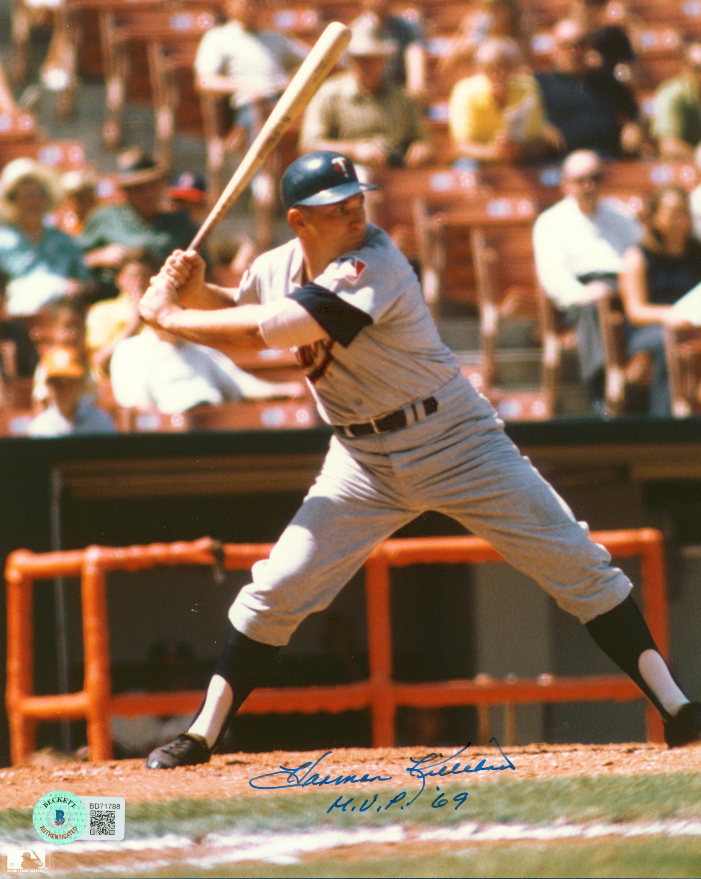 Twins Harmon Killebrew "M.V.P. 69" Signed 8x10 Vertical Batting Photo BAS