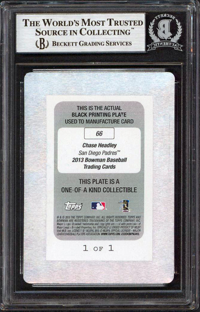 Padres Chase Headley Signed 2013 Bowman Printing Plates Black #66 Card BAS Slab