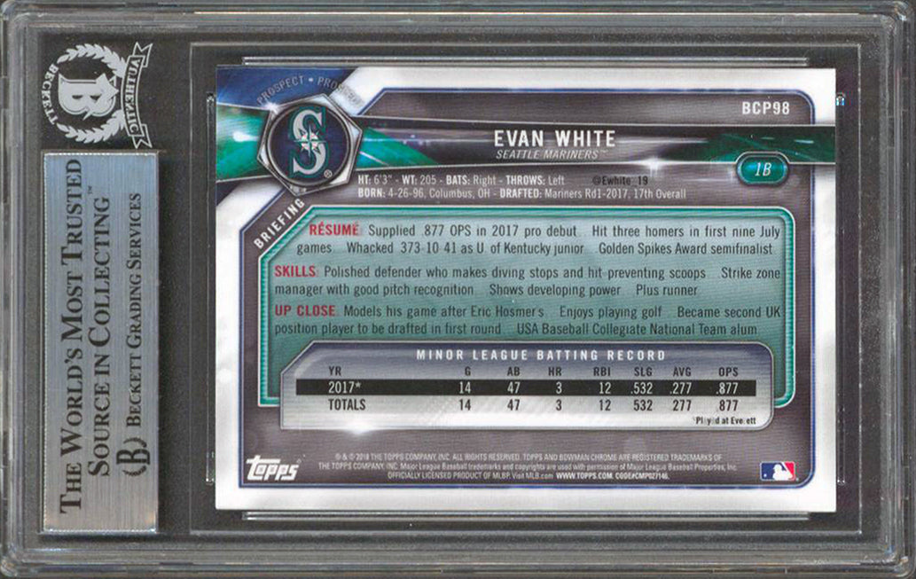 Mariners Evan White Signed 2018 Bowman Chrome Prospects #BCP98 RC BAS Slabbed