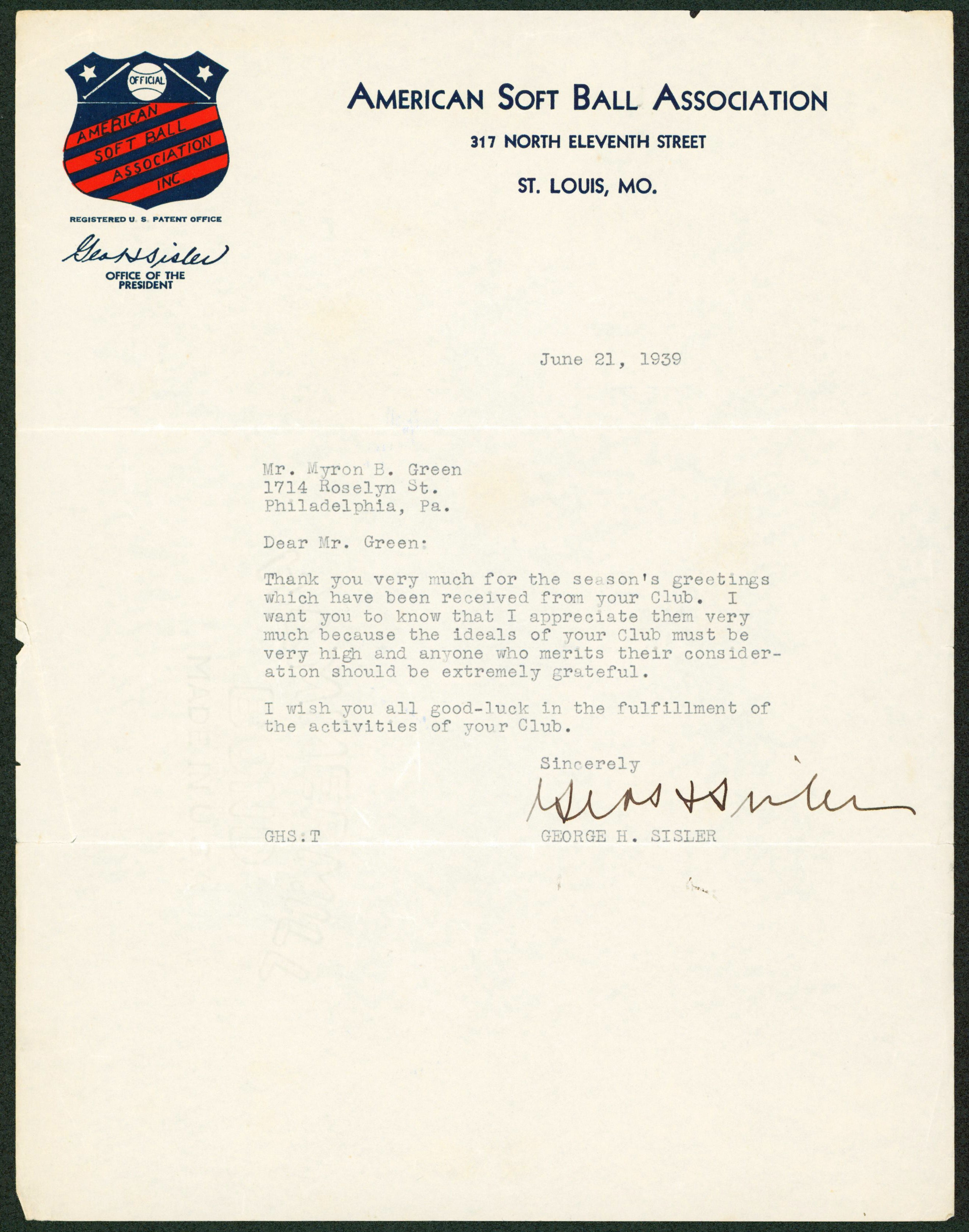 George Sisler Authentic Signed 8.5x11 1939 Letter On ASBA Letterhead PSA #V03492