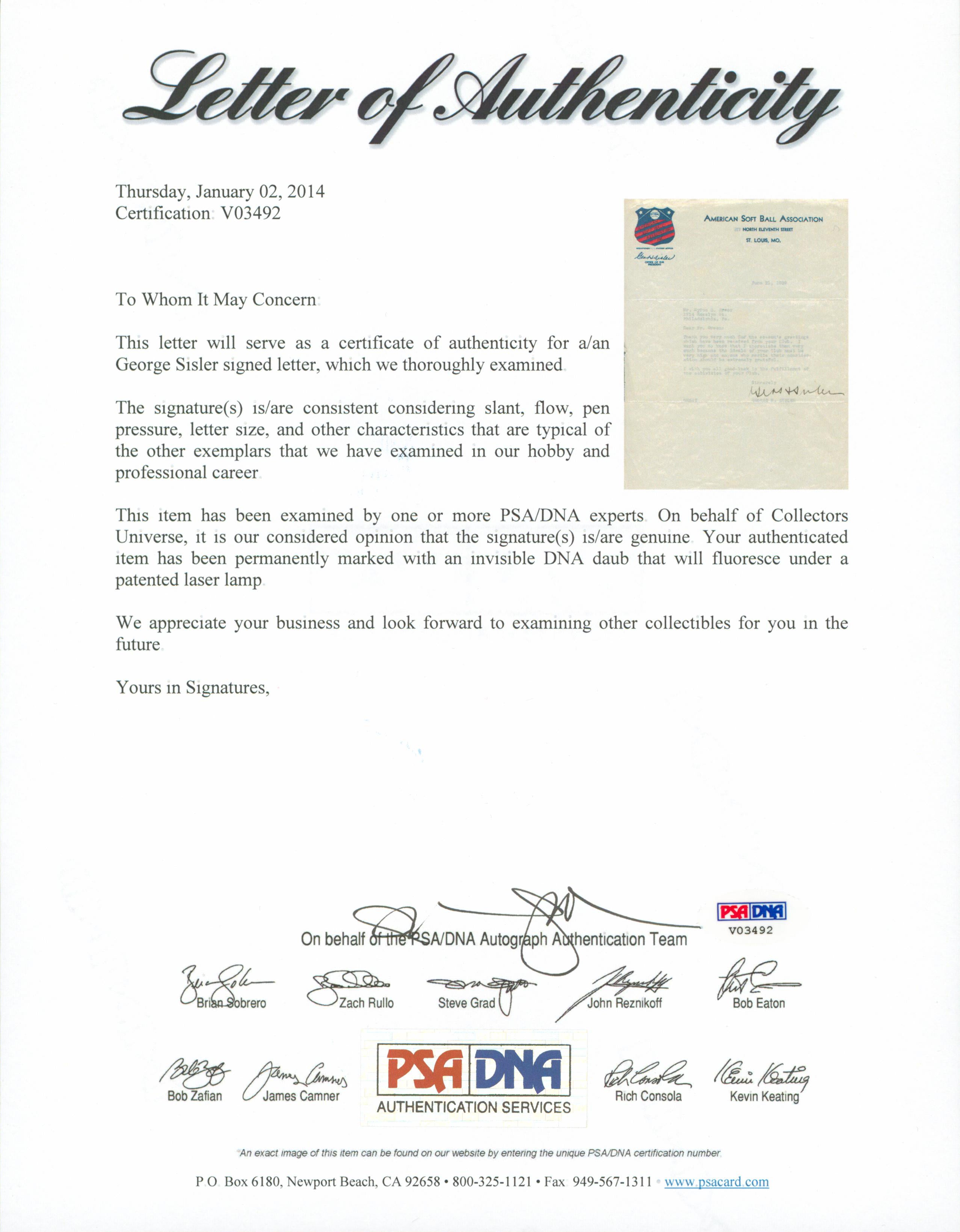 George Sisler Authentic Signed 8.5x11 1939 Letter On ASBA Letterhead PSA #V03492