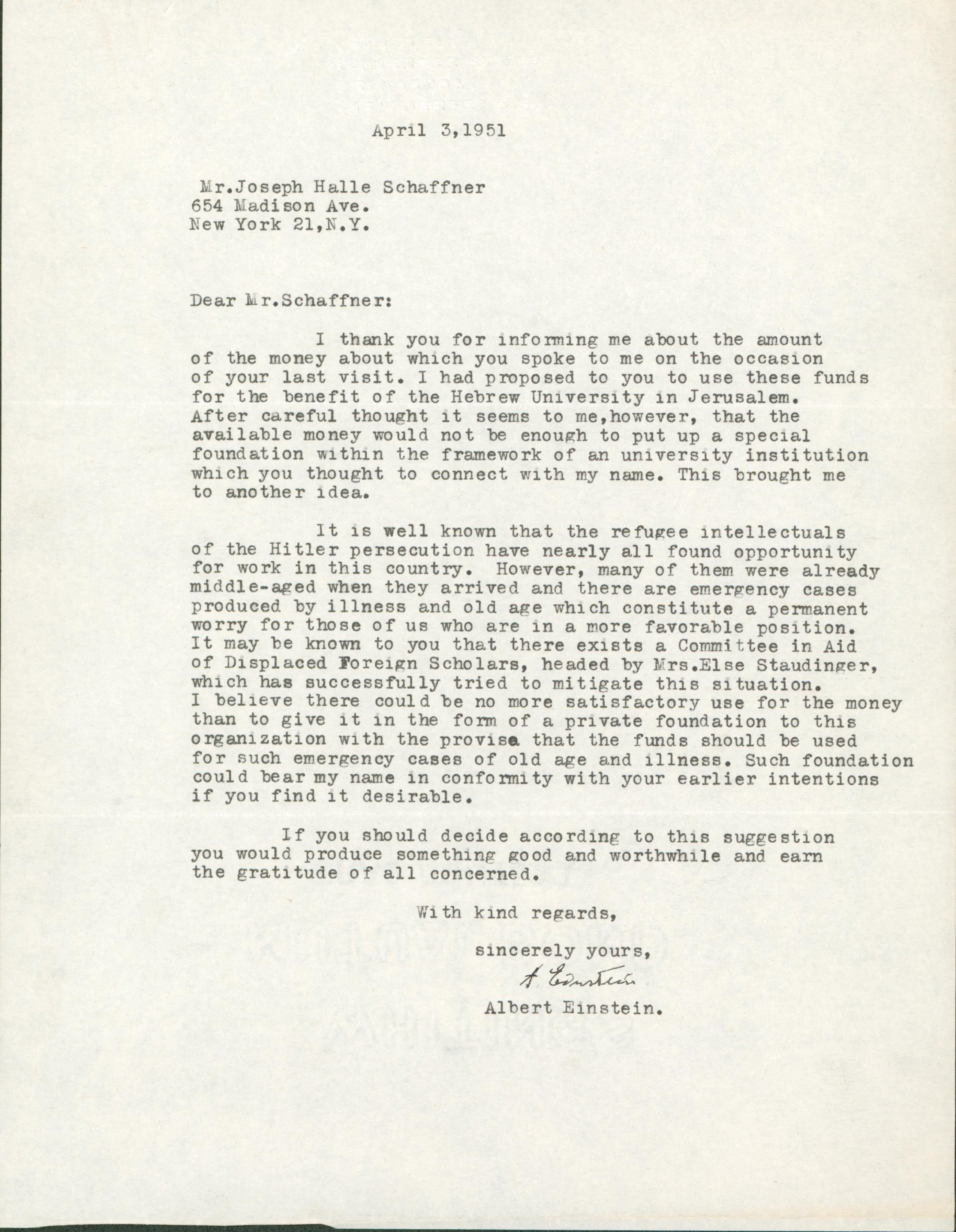 Albert Einstein Authentic Signed 8.5x11 1951 Typed Letter BAS #AB14598