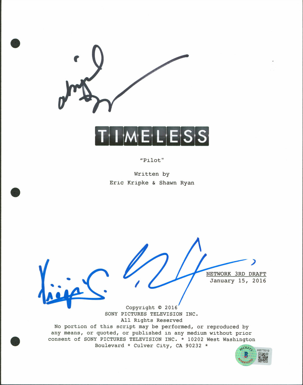 Timeless (3) Spencer, Barnett, Visnjic Signed 8.5x11 Script Cover BAS #AB77619