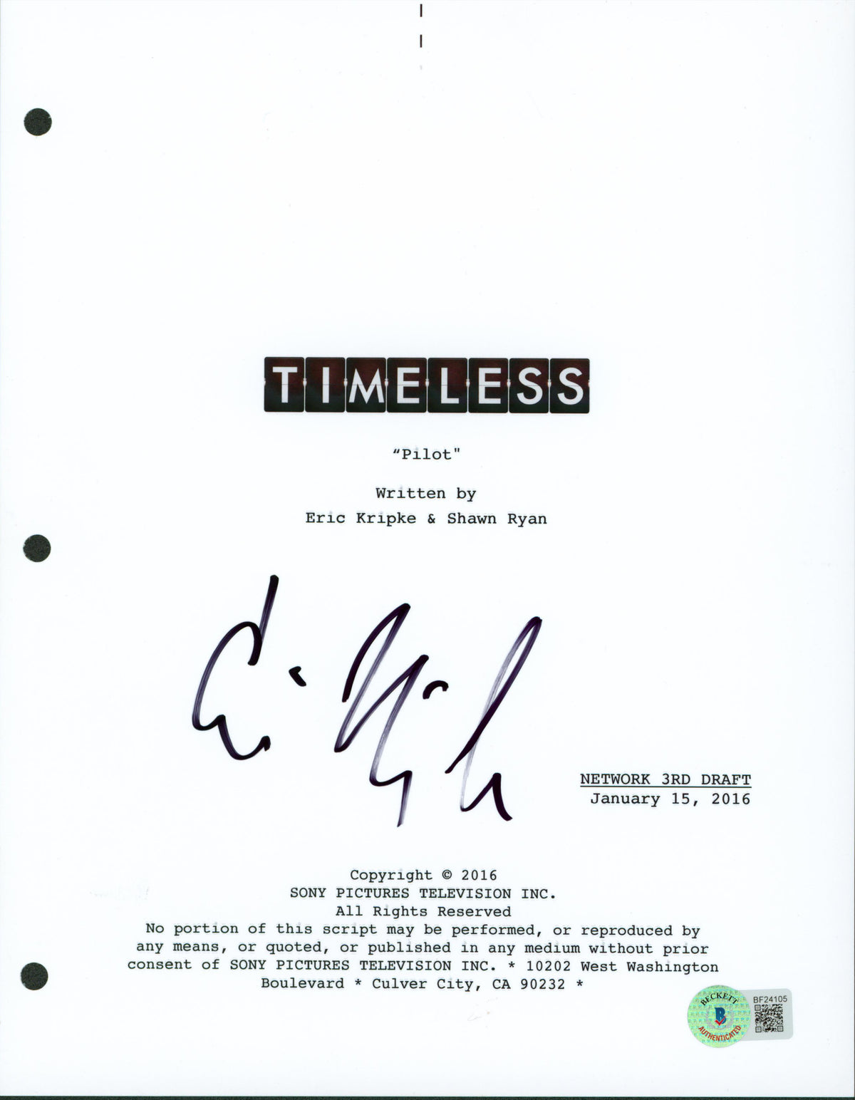 Eric Kripke Authentic Signed 8.5x11 Timeless Script Cover BAS #BF24105