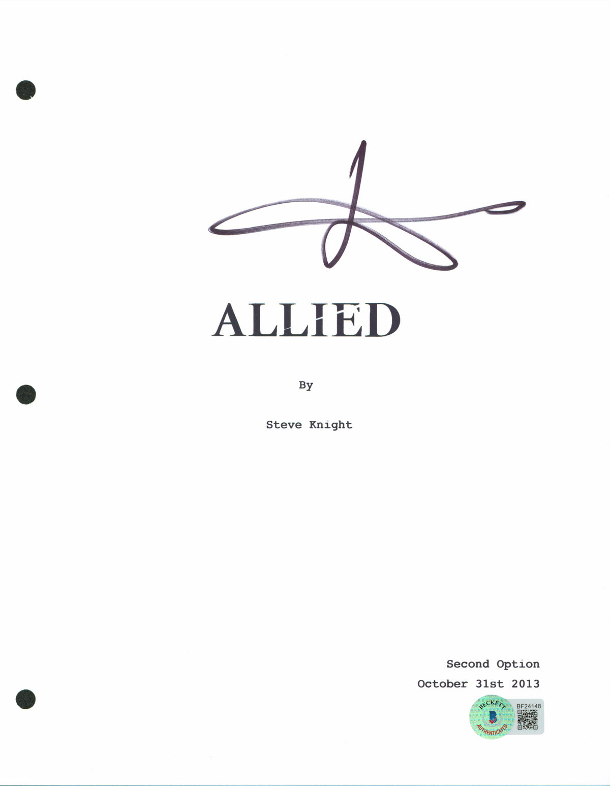 Steven Knight Allied Authentic Signed 8.5x11 Allied Script Cover BAS #BF24148