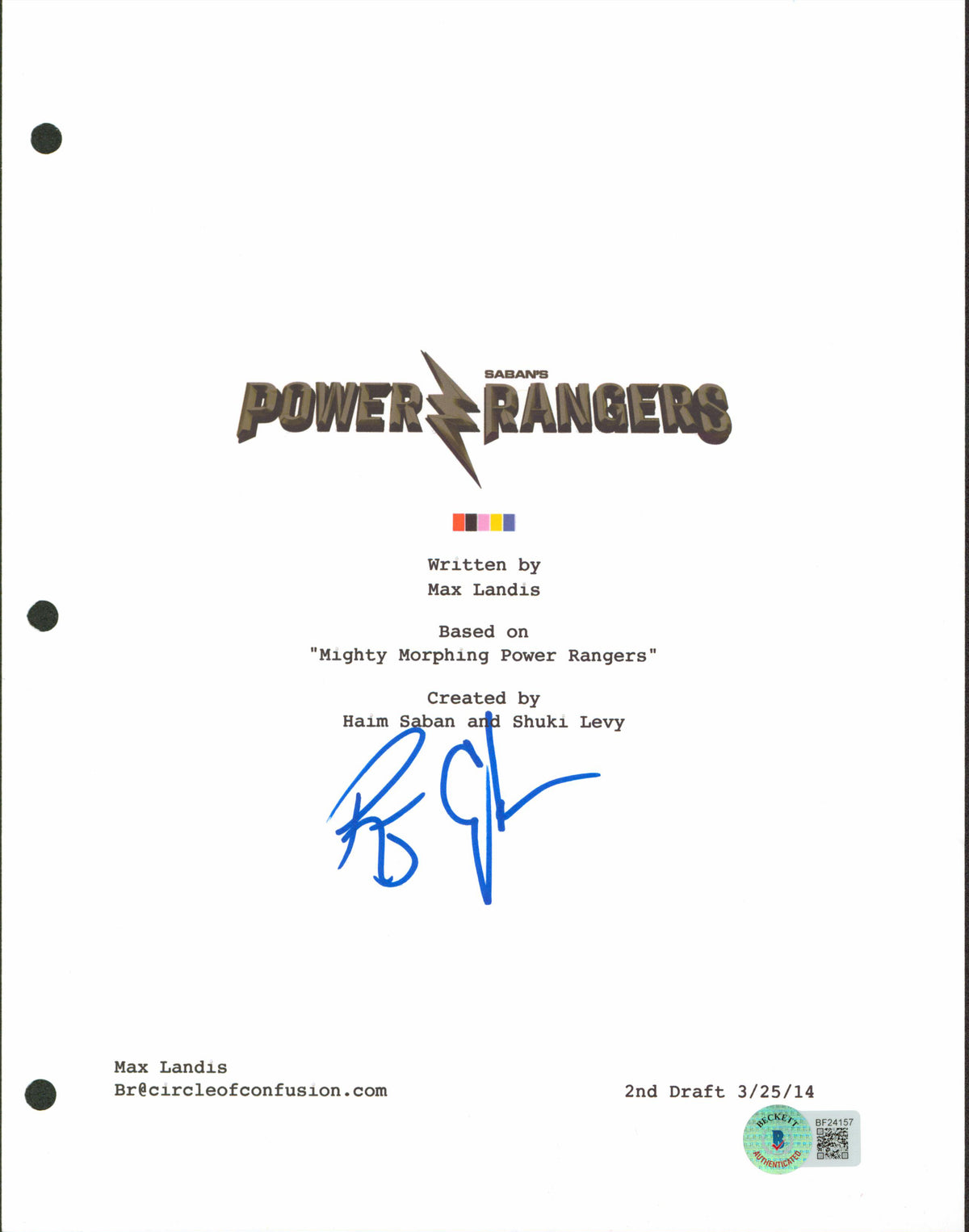 Rj Cyler Authentic Signed 8.5x11 Power Rangers Script Cover BAS #BF24157