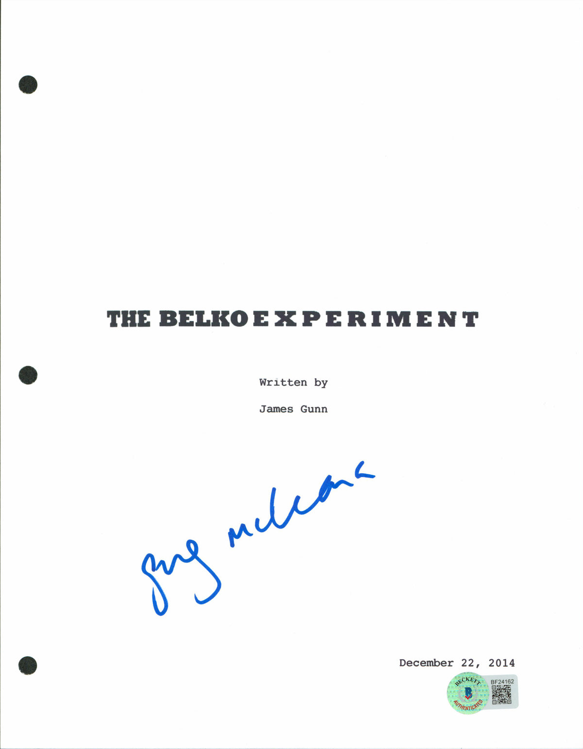 Greg McLean Authentic Signed The Belko Experiment Script Cover BAS #BF24162