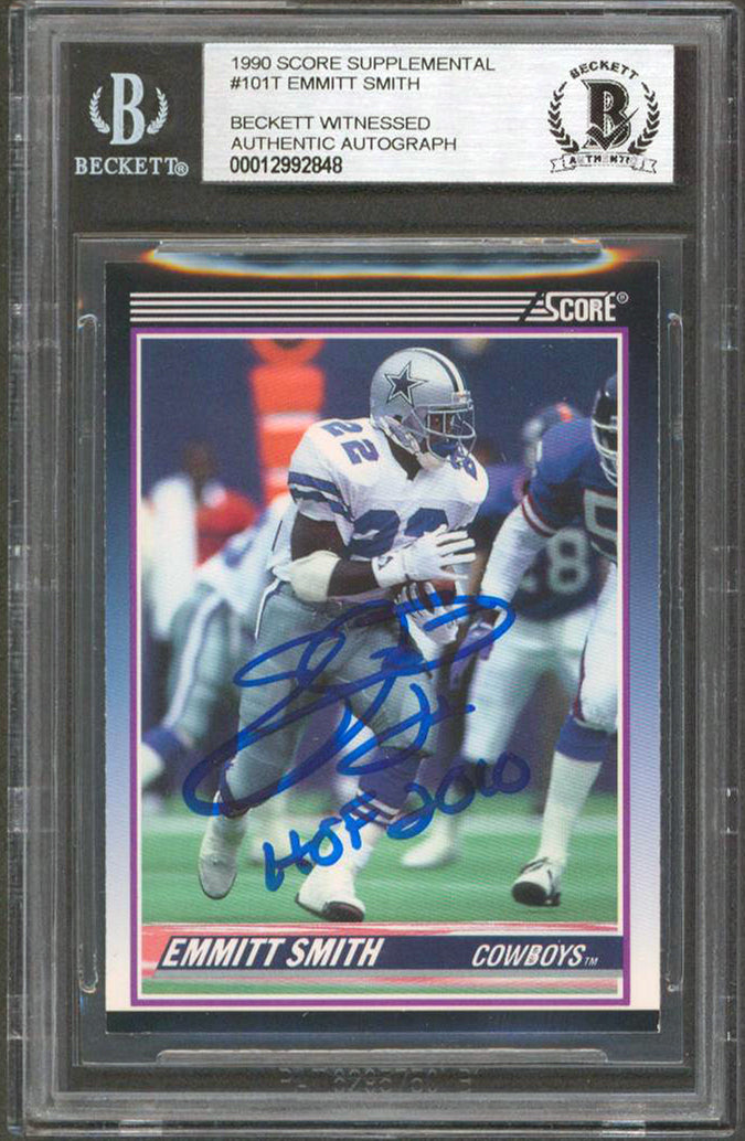 Emmitt Smith "HOF 2010" Signed 1990 Score Supplemental #101T RC Card BAS Slab 1