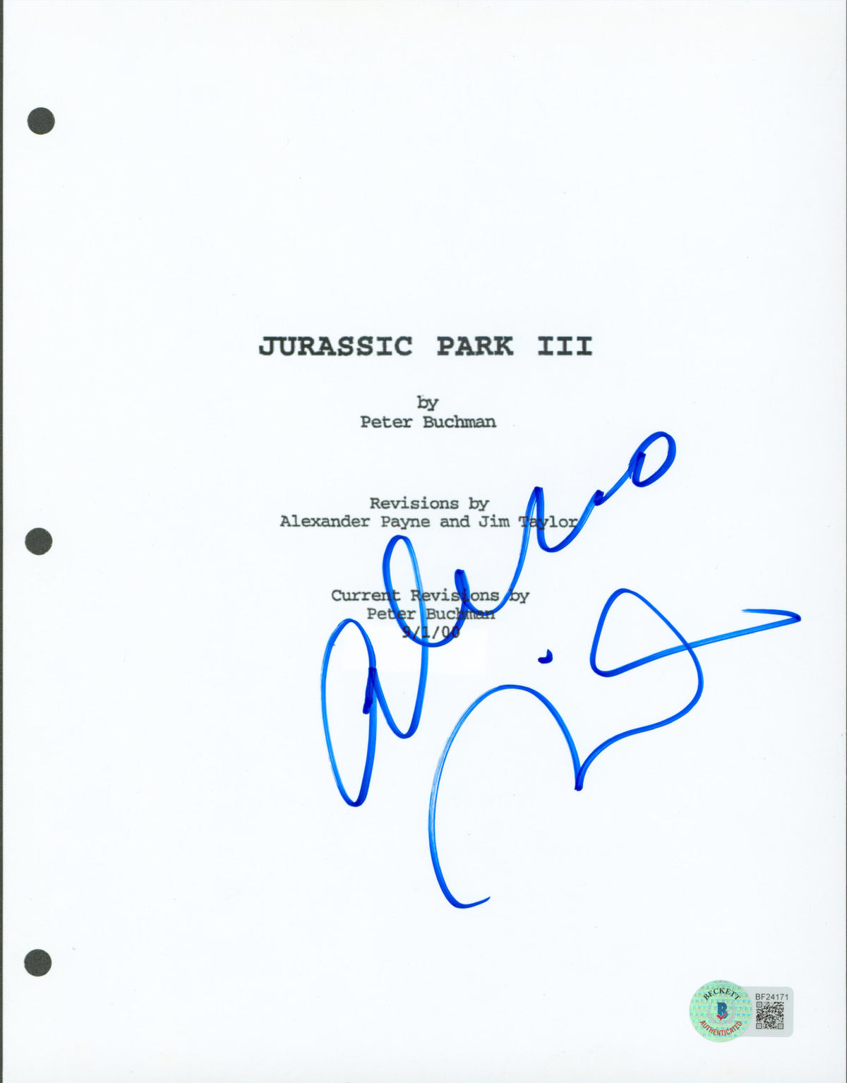 Alessandro Nivola Authentic Signed Jurassic Park 3 Script Cover BAS #BF24171