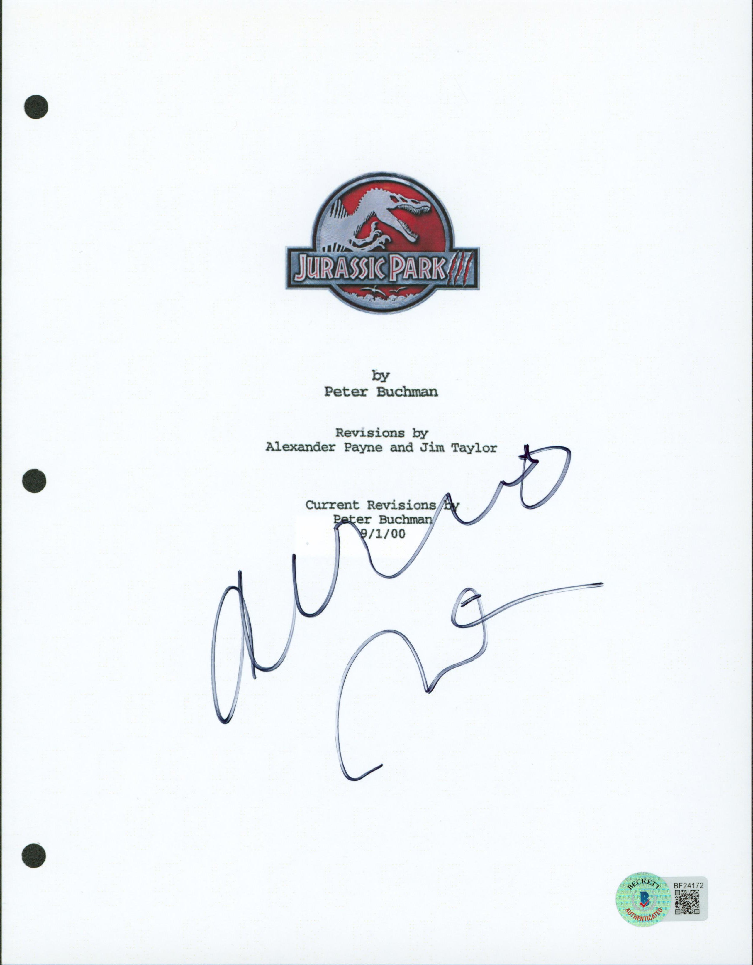 Alessandro Nivola Authentic Signed Jurassic Park 3 Script Cover BAS #BF24172