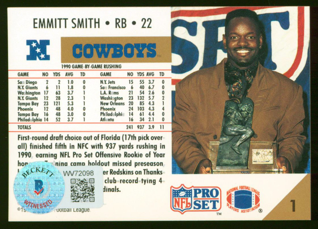 Cowboys Emmitt Smith Authentic Signed 1991 NFL Pro Set #1 Card BAS #WV72098