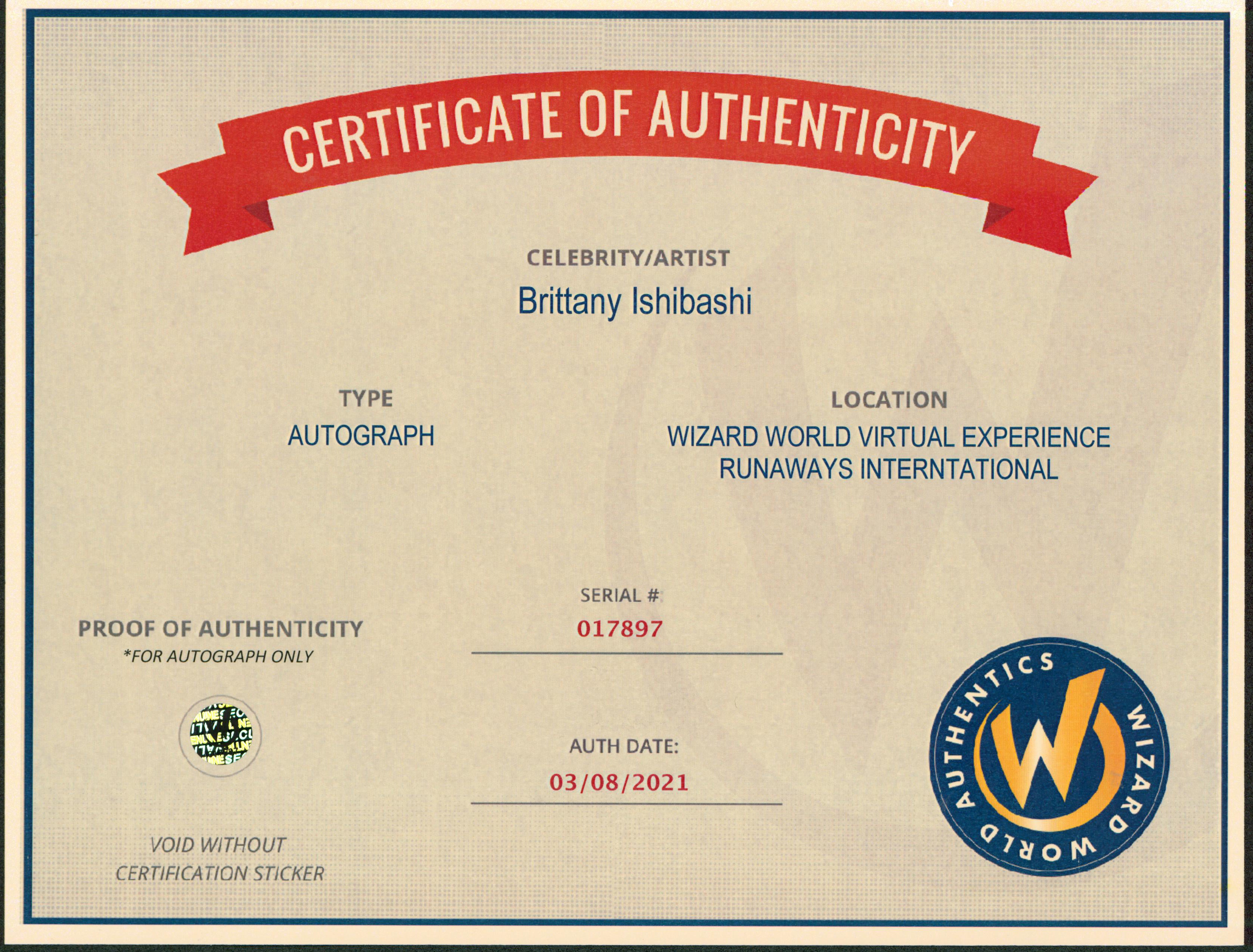 Brittany Ishibashi Marvel's Runaways Authentic Signed 8x10 Photo Wizard World 2