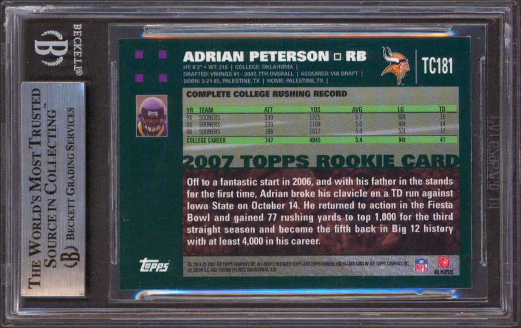 Vikings Adrian Peterson Signed 2007 Topps Chrome #TC181 Rookie Card BAS Slabbed