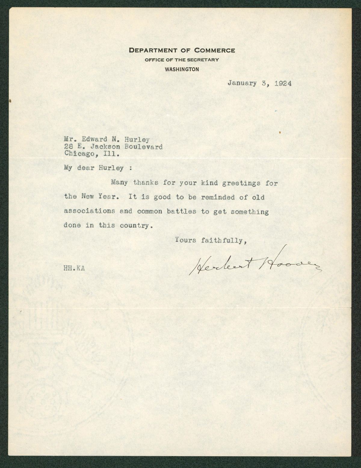 Herbert Hoover Authentic Signed 8x10.5 Letter Dated January 3, 1924 BAS #AB77911