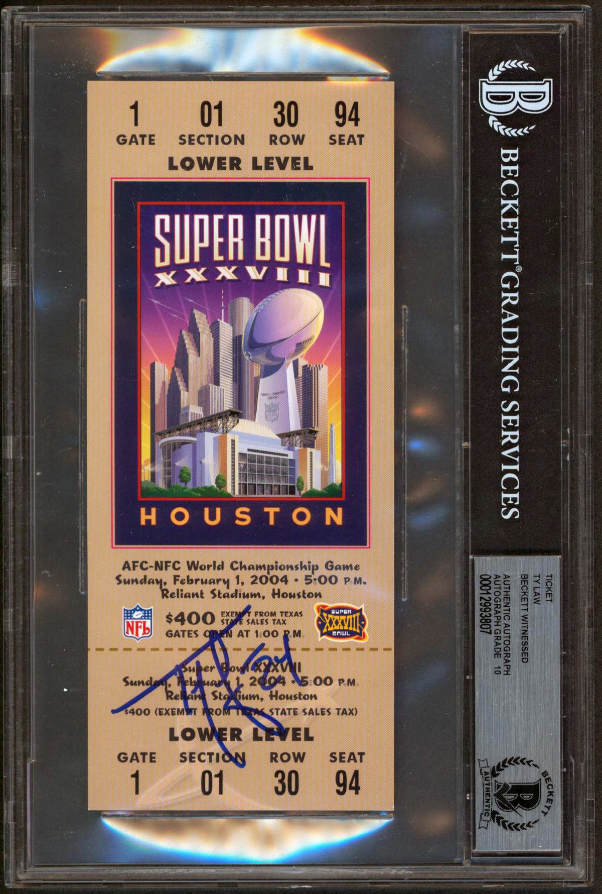 Patriots Ty Law Signed SB XXXVIII Replica Ticket Stub Auto 10! BAS Slabbed