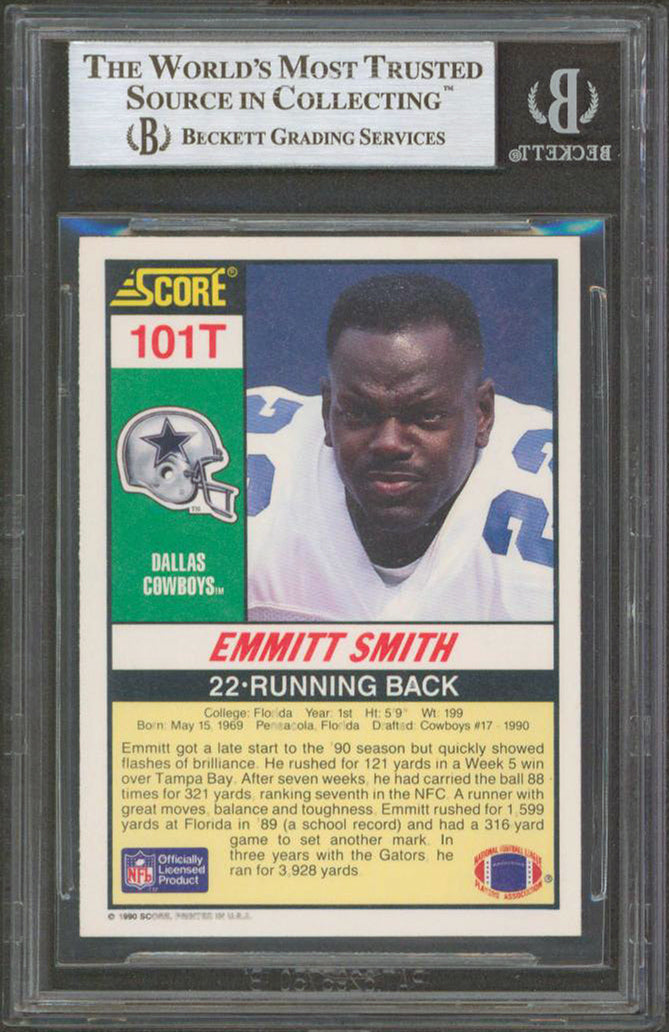Emmitt Smith "HOF 2010" Signed 1990 Score Supplemental #101T RC Card BAS Slab 2