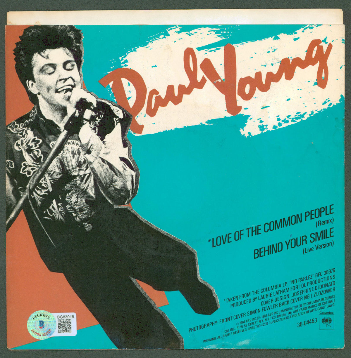 Paul Young Signed Love Of The Common People 45 RPM Album Cover BAS #BG83018
