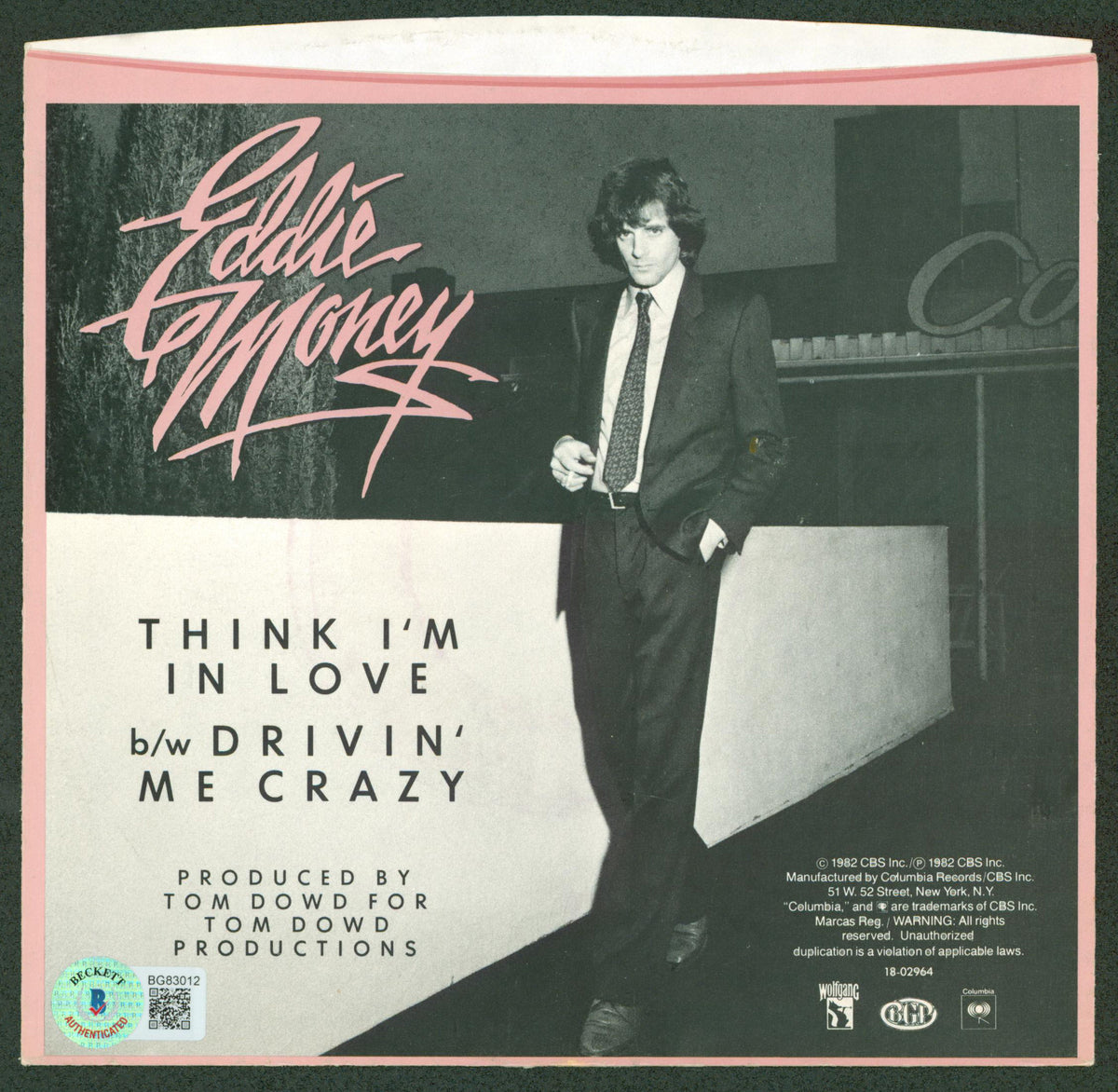 Eddie Money Authentic Signed Think I'm In Love 45 RPM Album Cover BAS #BG83012
