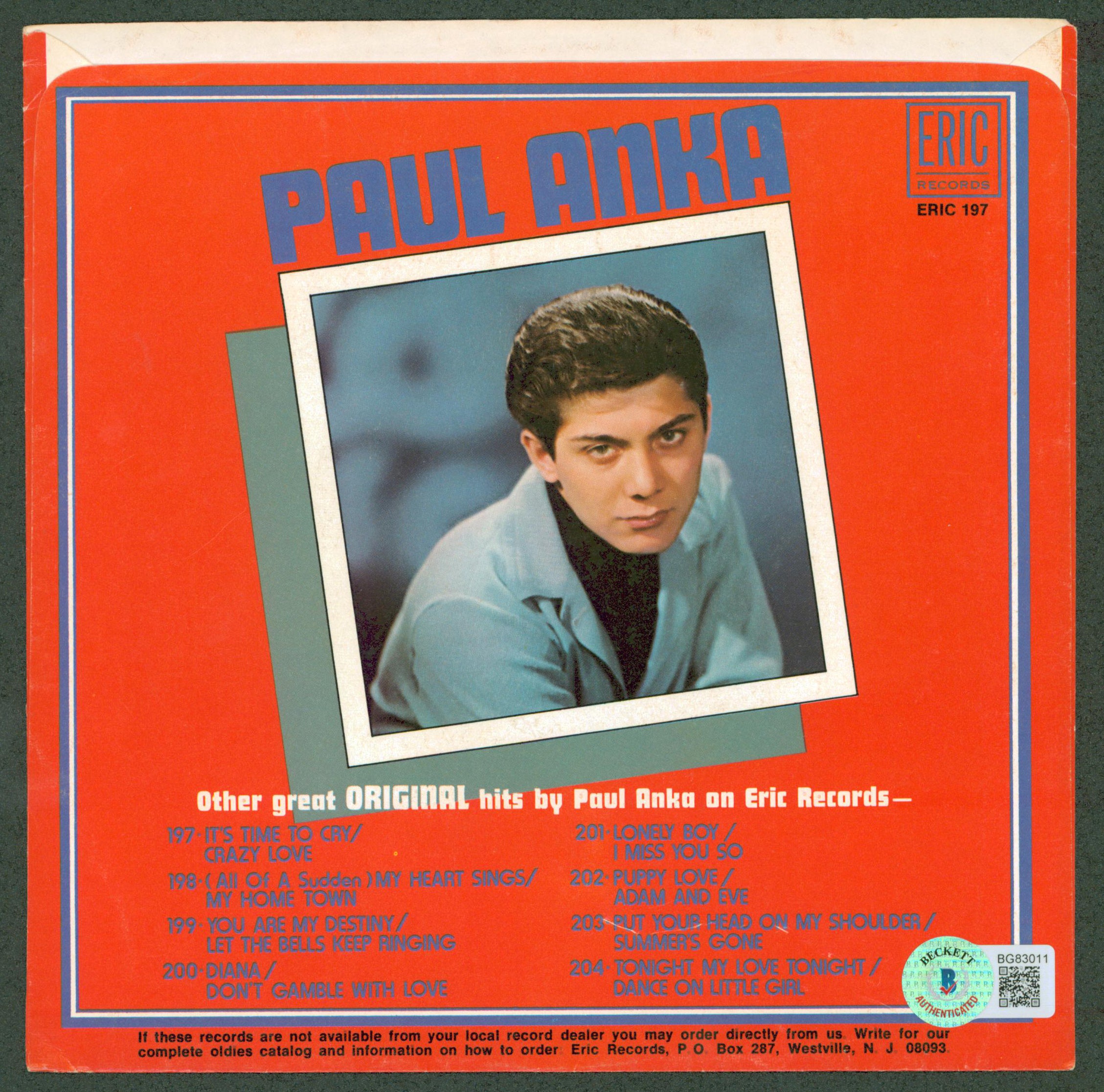Paul Anka Authentic Signed It's Time To Cry 45 RPM Album Cover BAS #BG83011