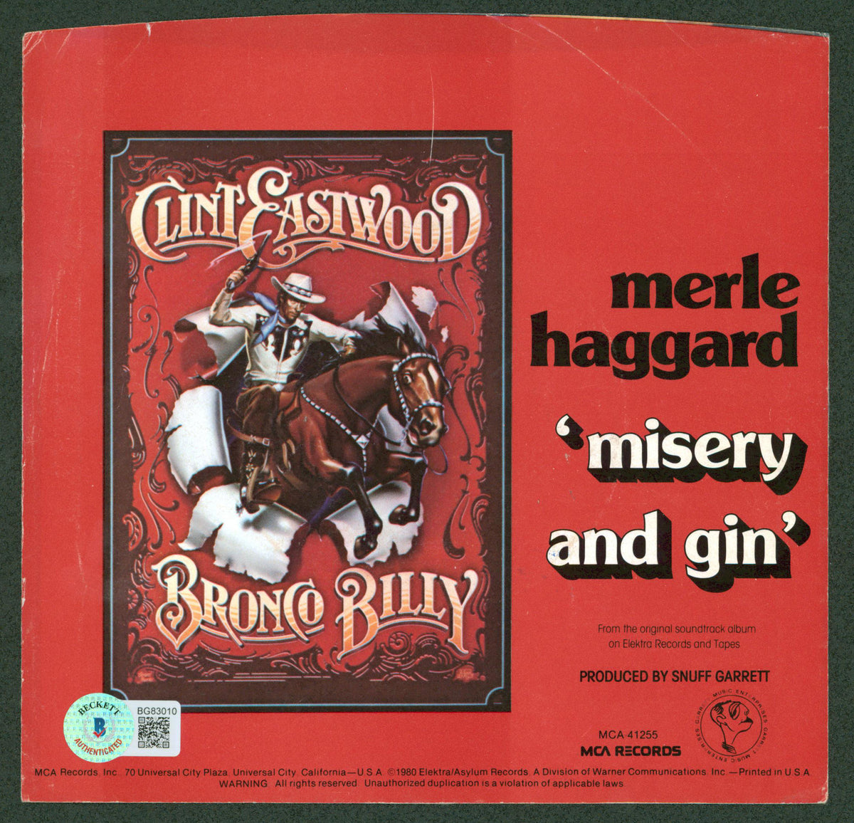 Merle Haggard Authentic Signed Misery And Gin 45 RPM Album Cover BAS #BG83010