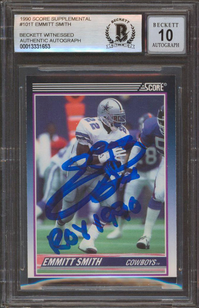 Emmitt Smith "ROY" Signed 1990 Score Supplemental #101T RC Card Auto 10 BAS Slab