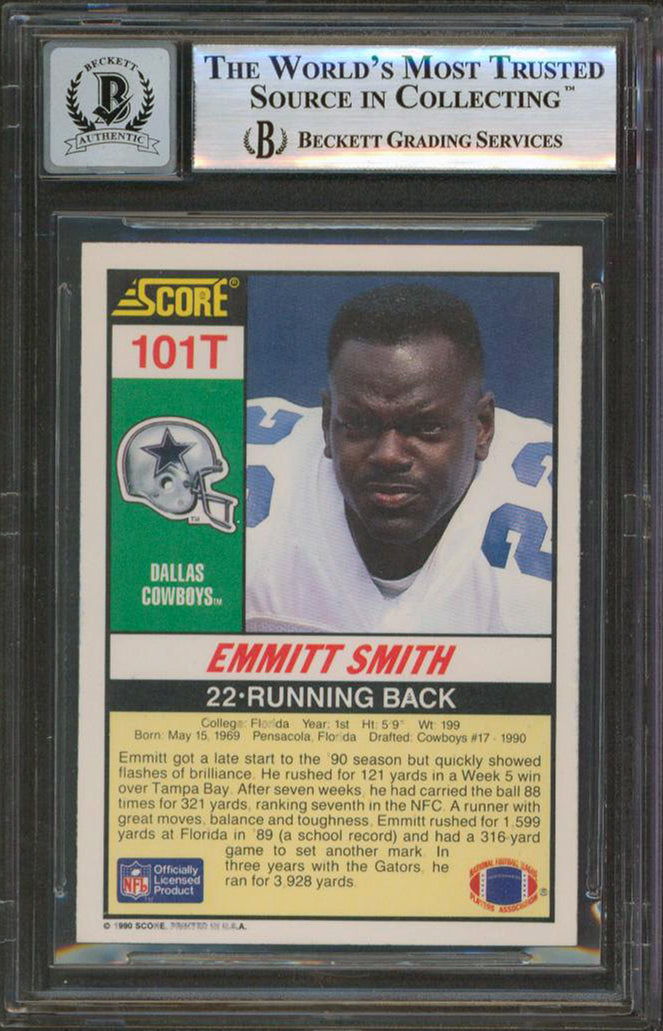 Emmitt Smith "HOF" Signed 1990 Score Supplemental #101T RC Card Auto 10 BAS Slab