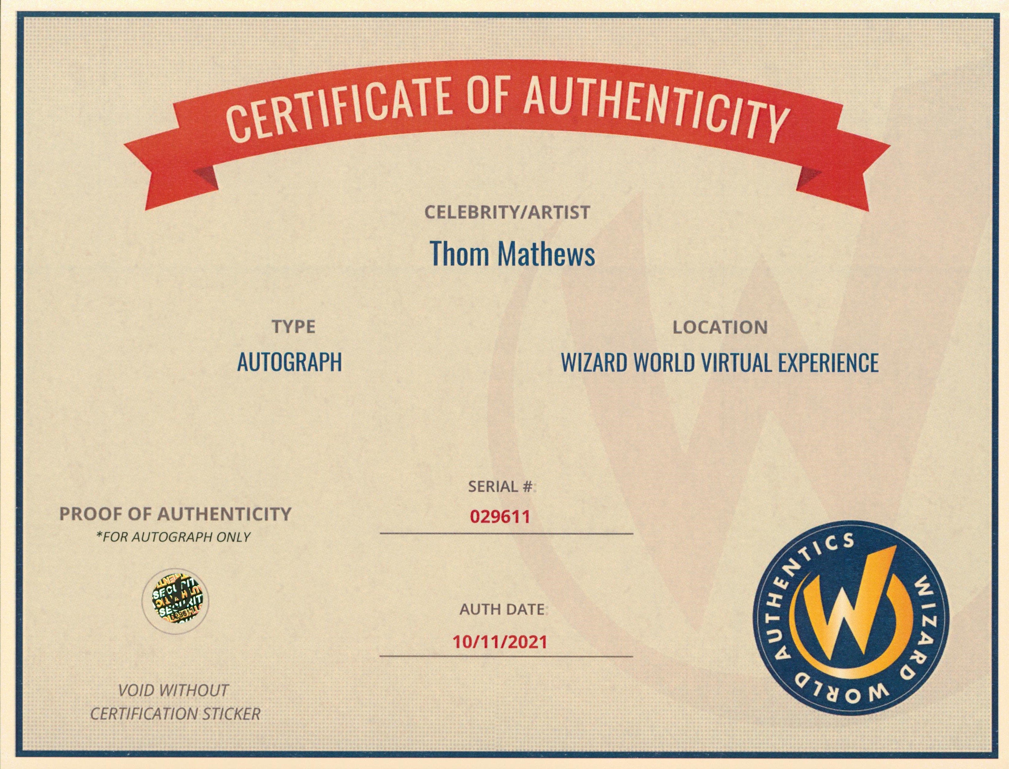 Thom Mathews Return of the Living Dead Authentic Signed 8x10 Photo Wizard World