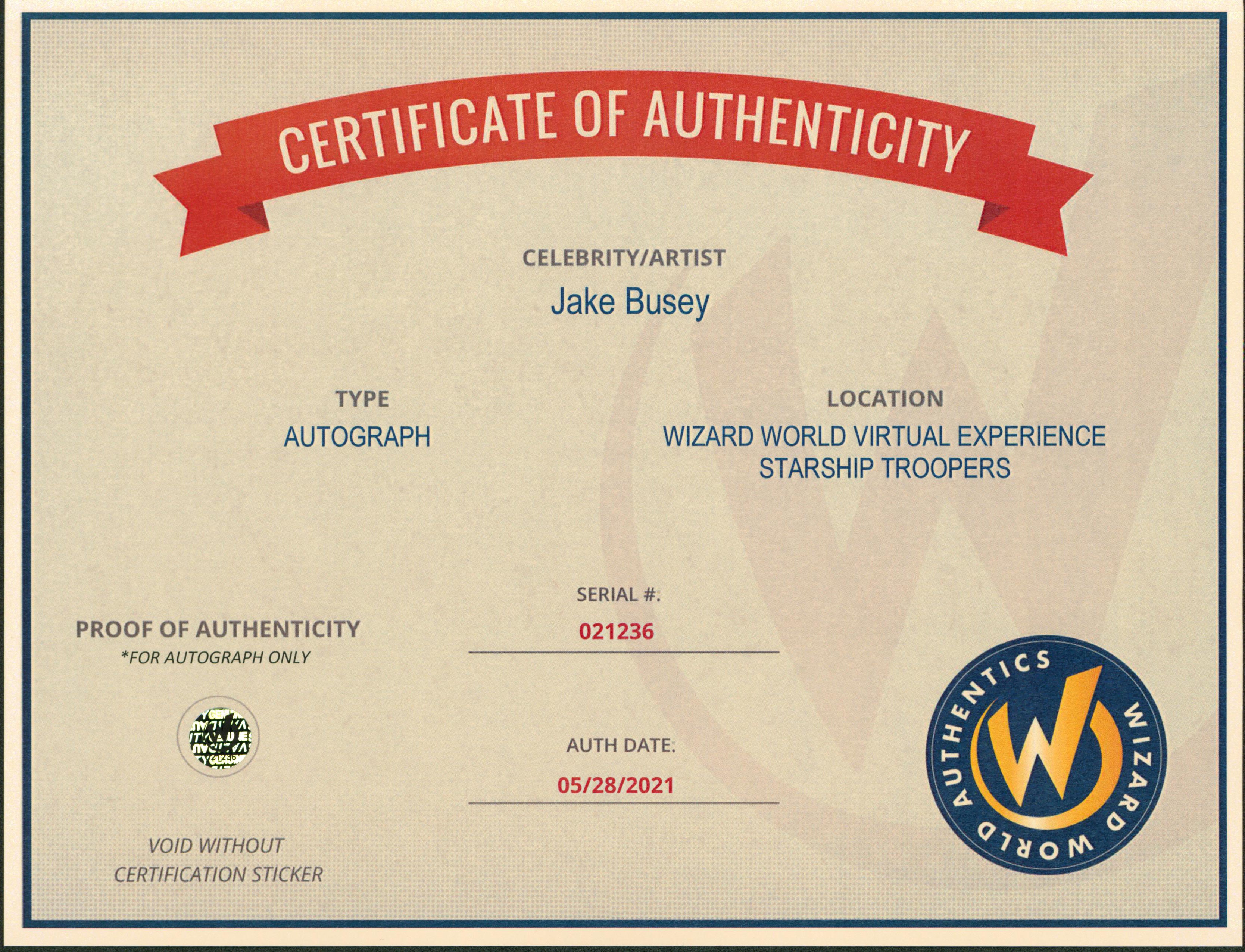 Jake Busey Starship Troopers Authentic Signed 8x10 Photo Wizard World 3