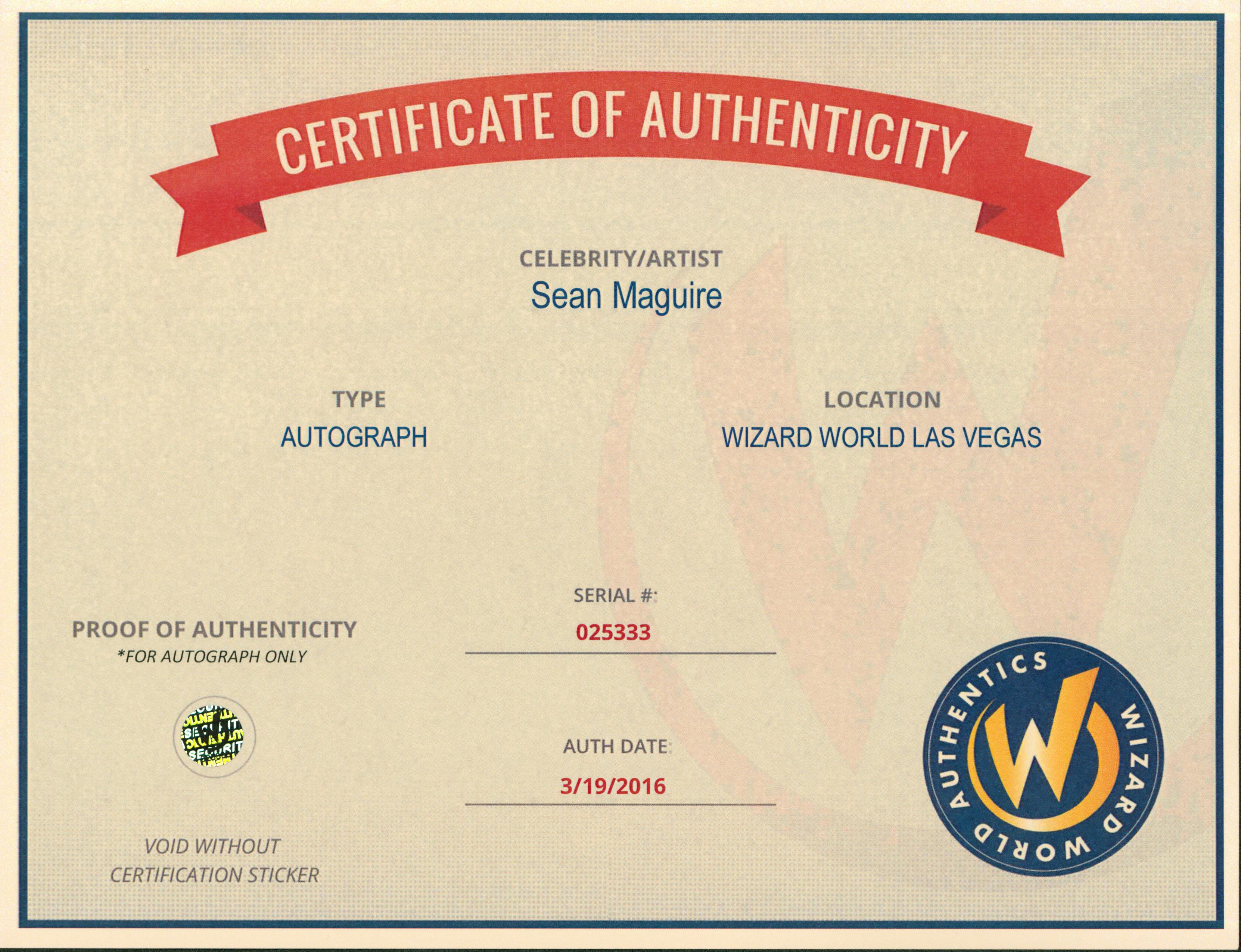 Sean Maguire Once Upon a Time Authentic Signed 8x10 Photo Wizard World 1