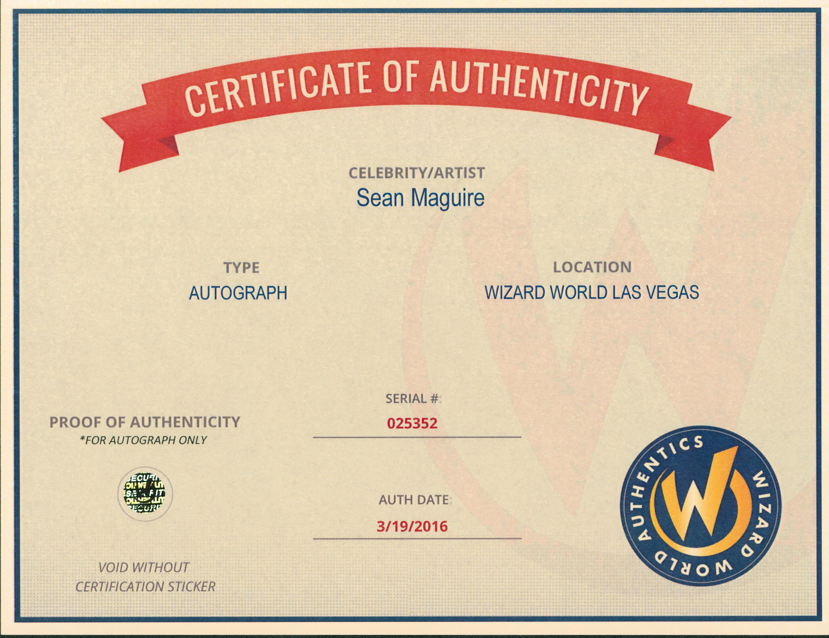 Sean Maguire Once Upon a Time Authentic Signed 8x10 Photo Wizard World 2