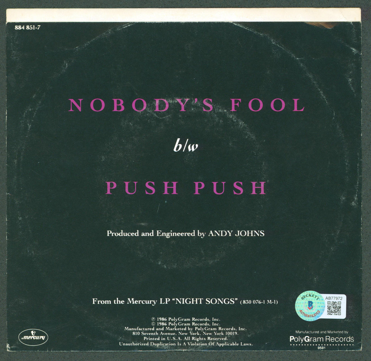 Cinderella (4) Keifer, LaBar +2 Signed Nobody's Fool 45 RPM Album Cover BAS