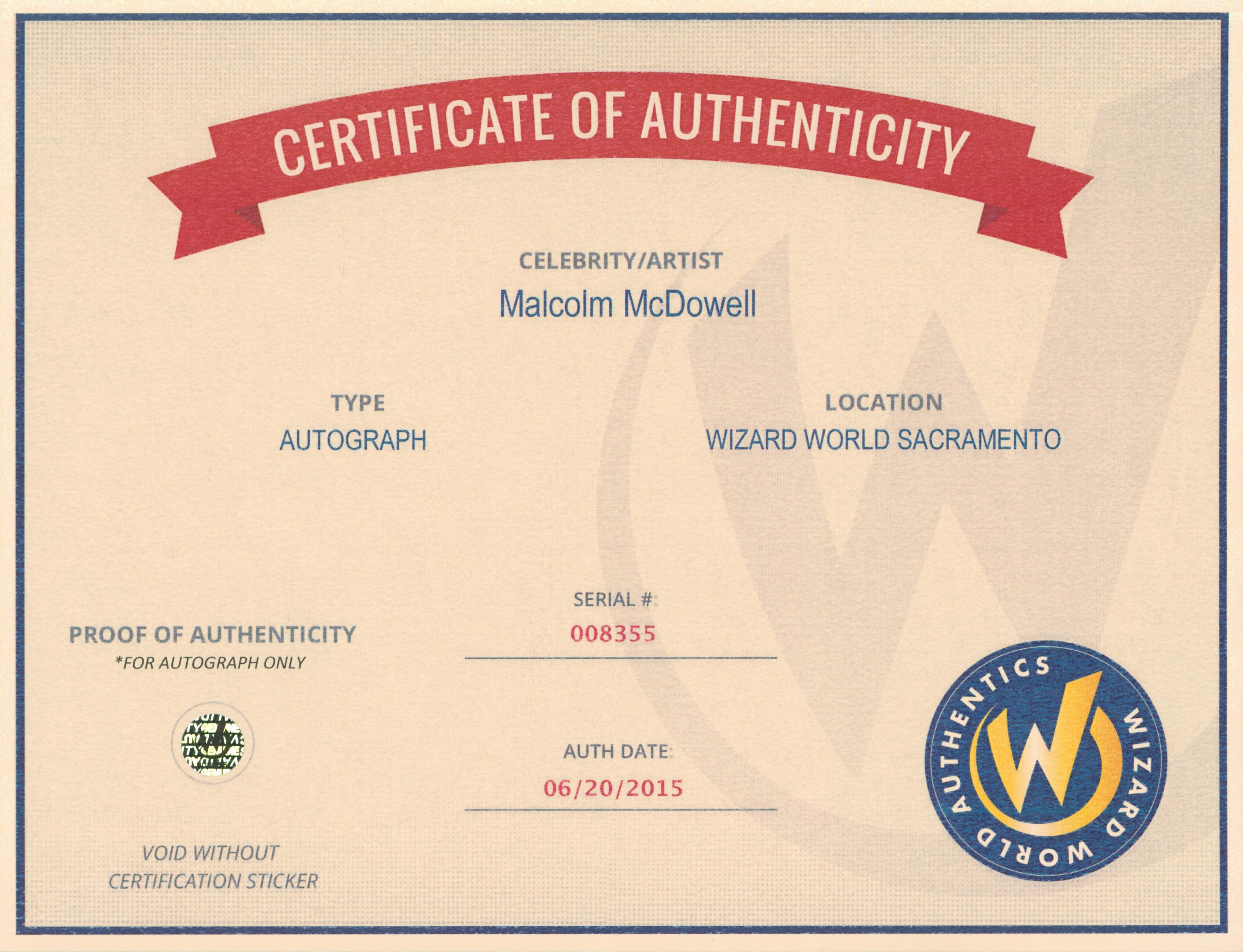 Malcolm McDowell Heroes Authentic Signed 8x10 Photo Autographed Wizard World 1