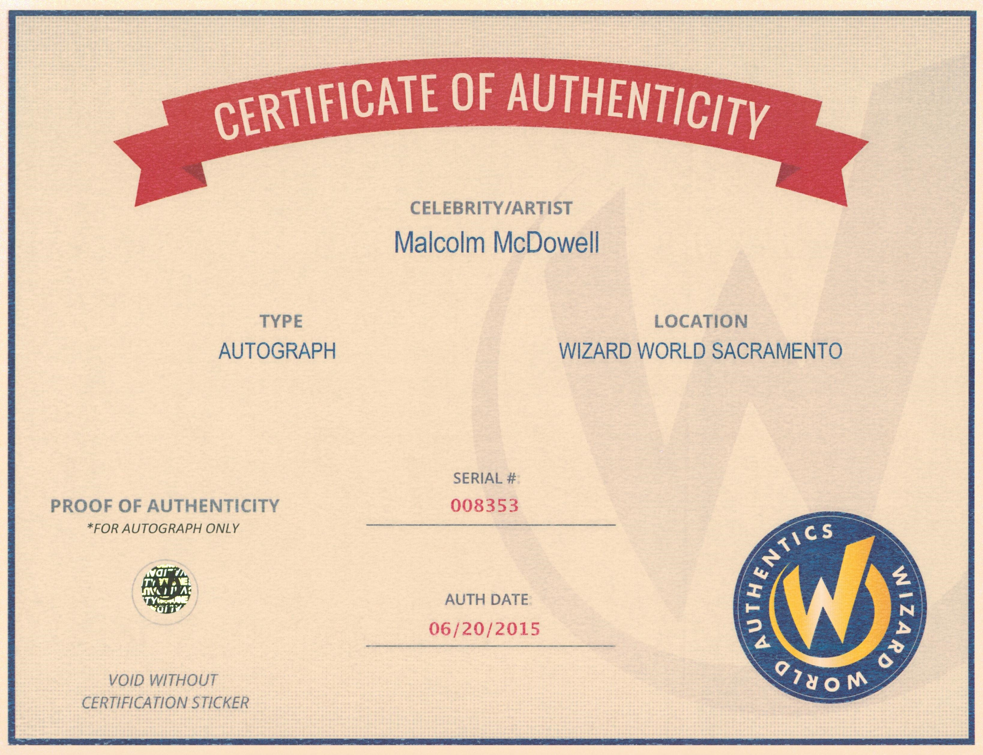 Malcolm McDowell Heroes Authentic Signed 8x10 Photo Autographed Wizard World 2