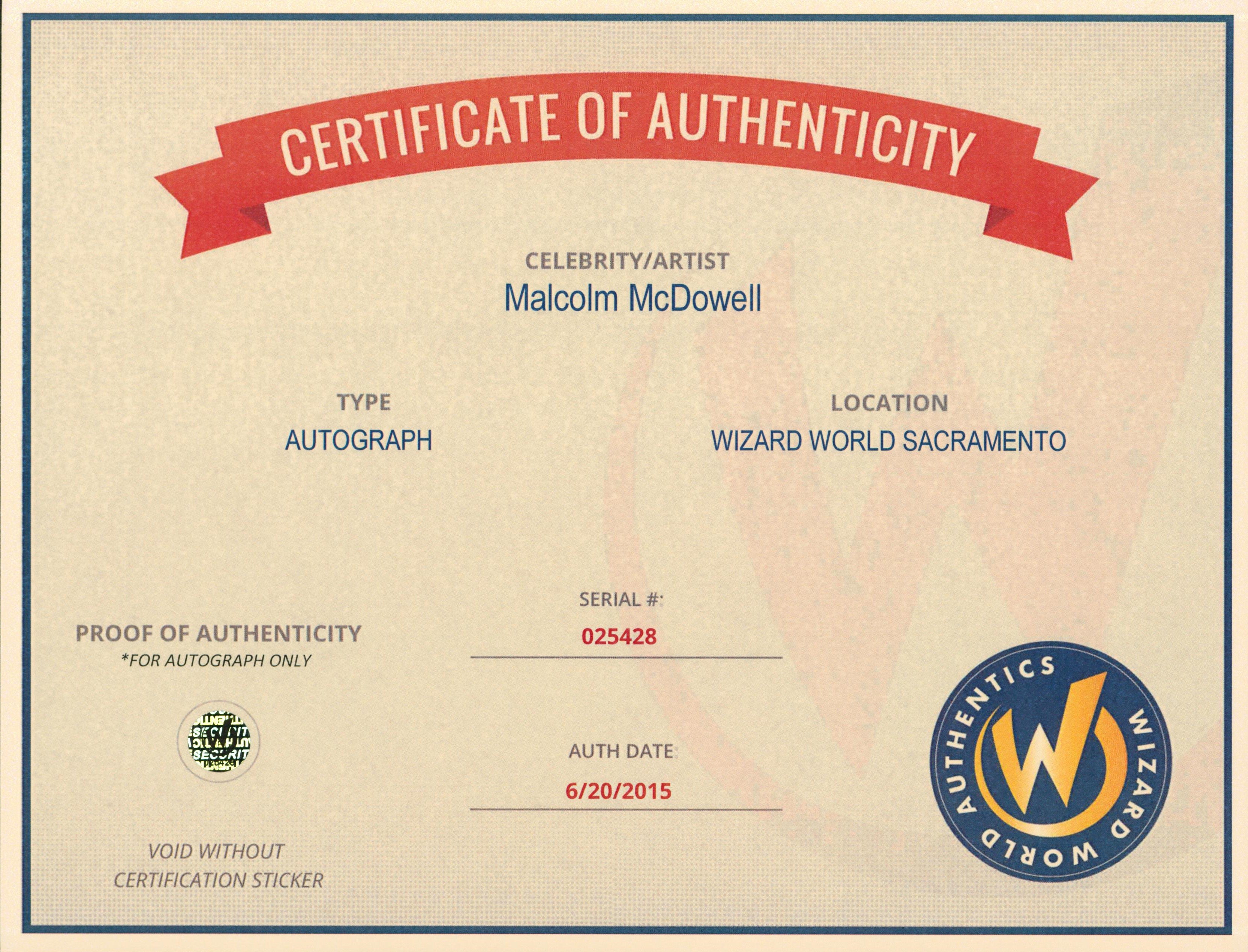 Malcolm McDowell Heroes Authentic Signed 8x10 Photo Autographed Wizard World 3