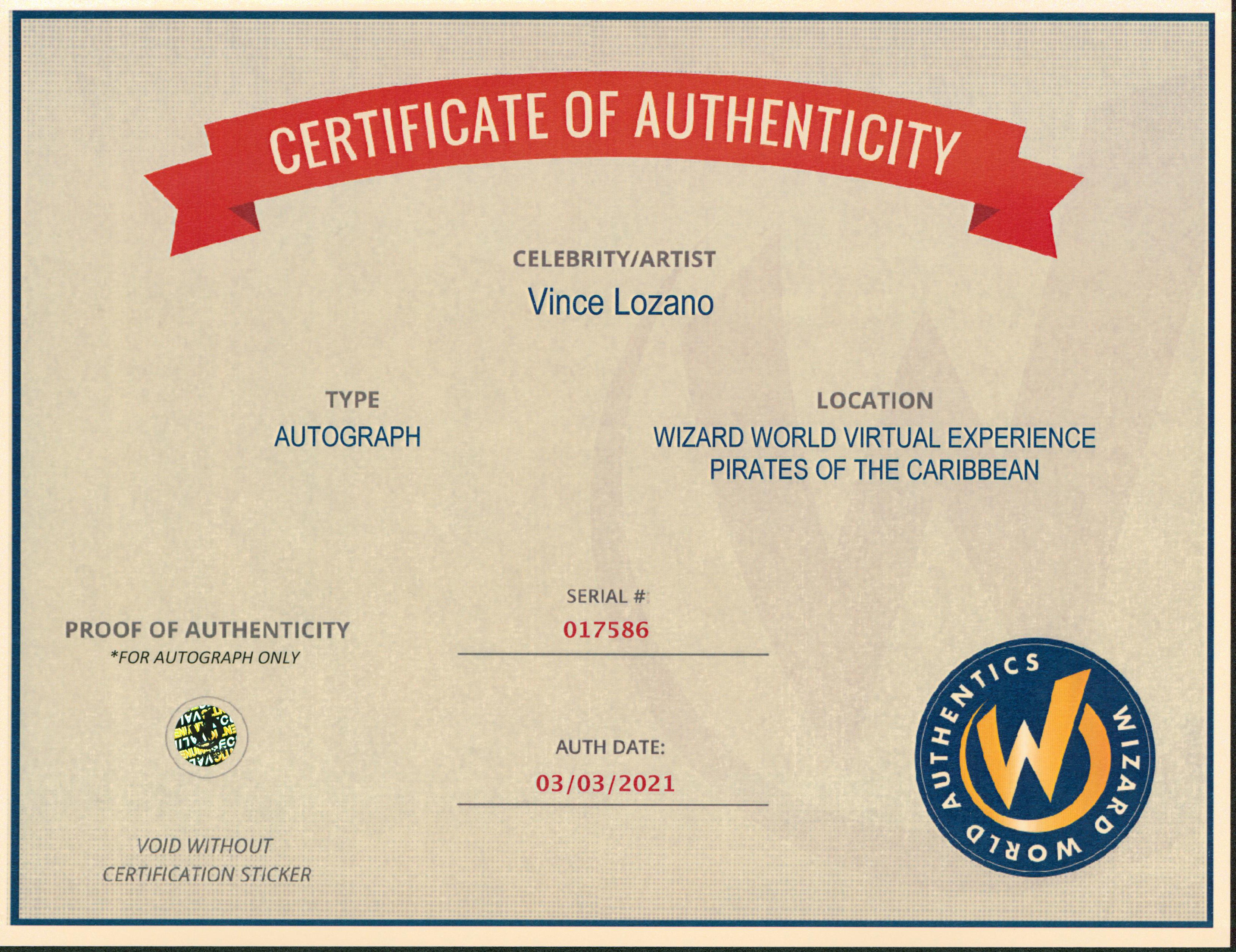 Vince Lozano Pirates Of The Caribbean Signed 8x10 Photo Wizard World #017586