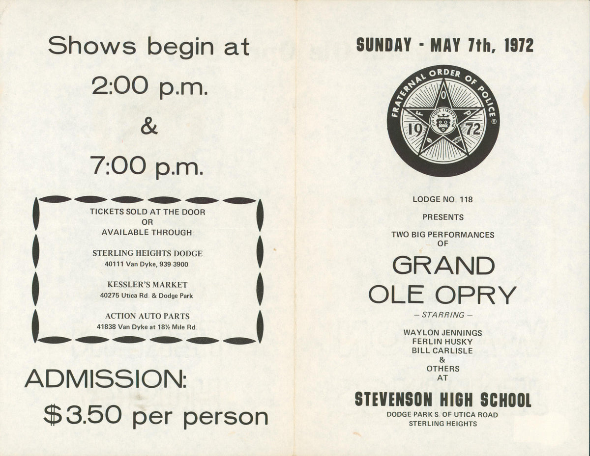 Waylon Jennings Signed Fraternal Order of Police Concert Flyer BAS #BH027655