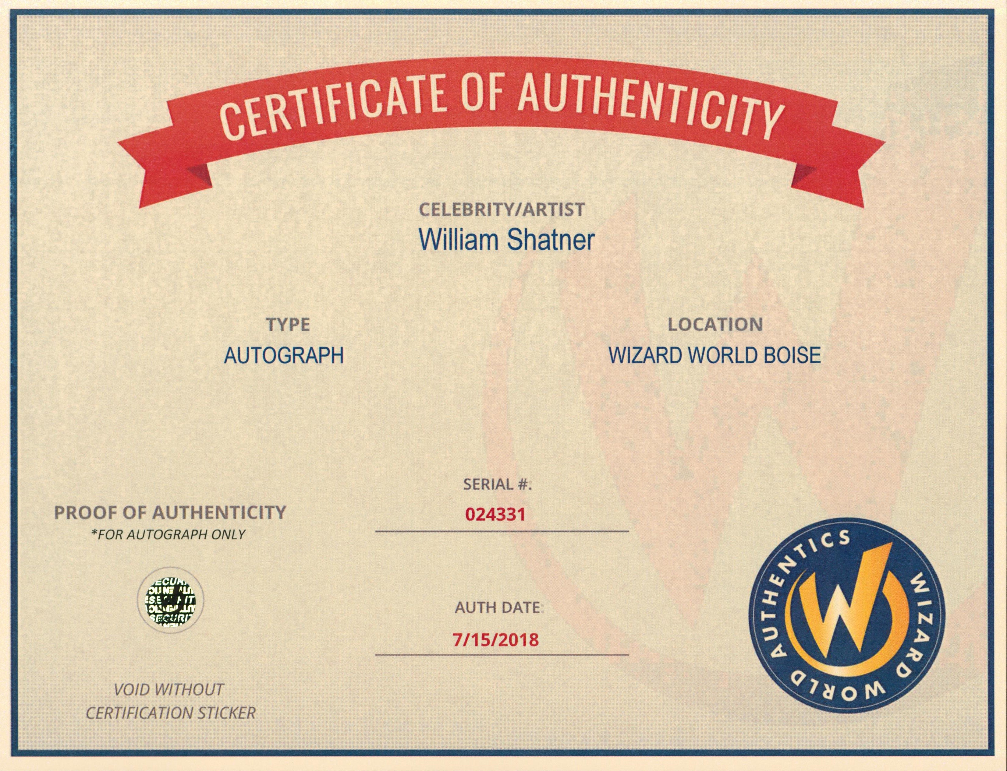 William Shatner Star Trek Authentic Signed 8x10 Photo Wizard World