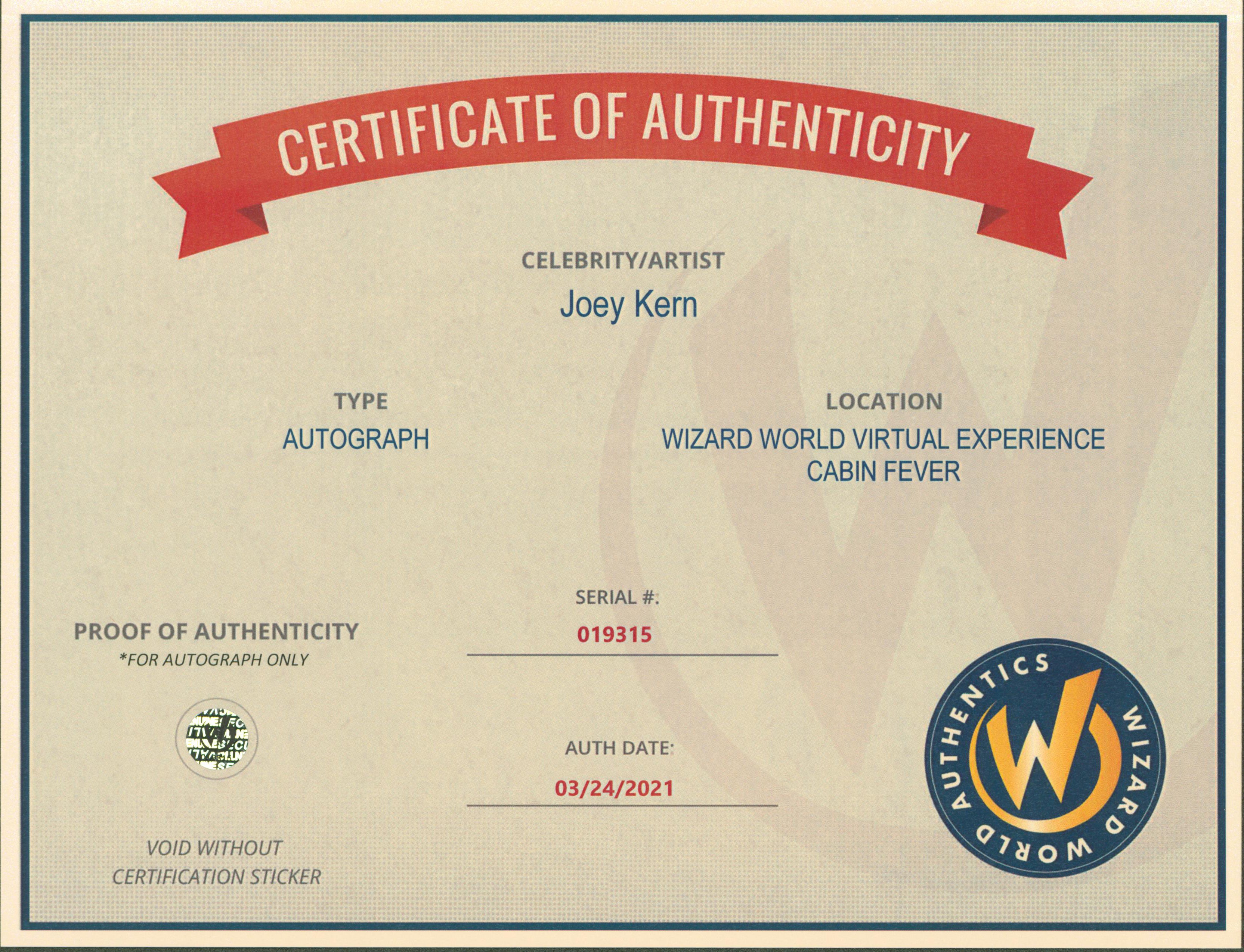 Joey Kern Cabin Fever Authentic Signed 8x10 Photo Autographed Wizard World 1