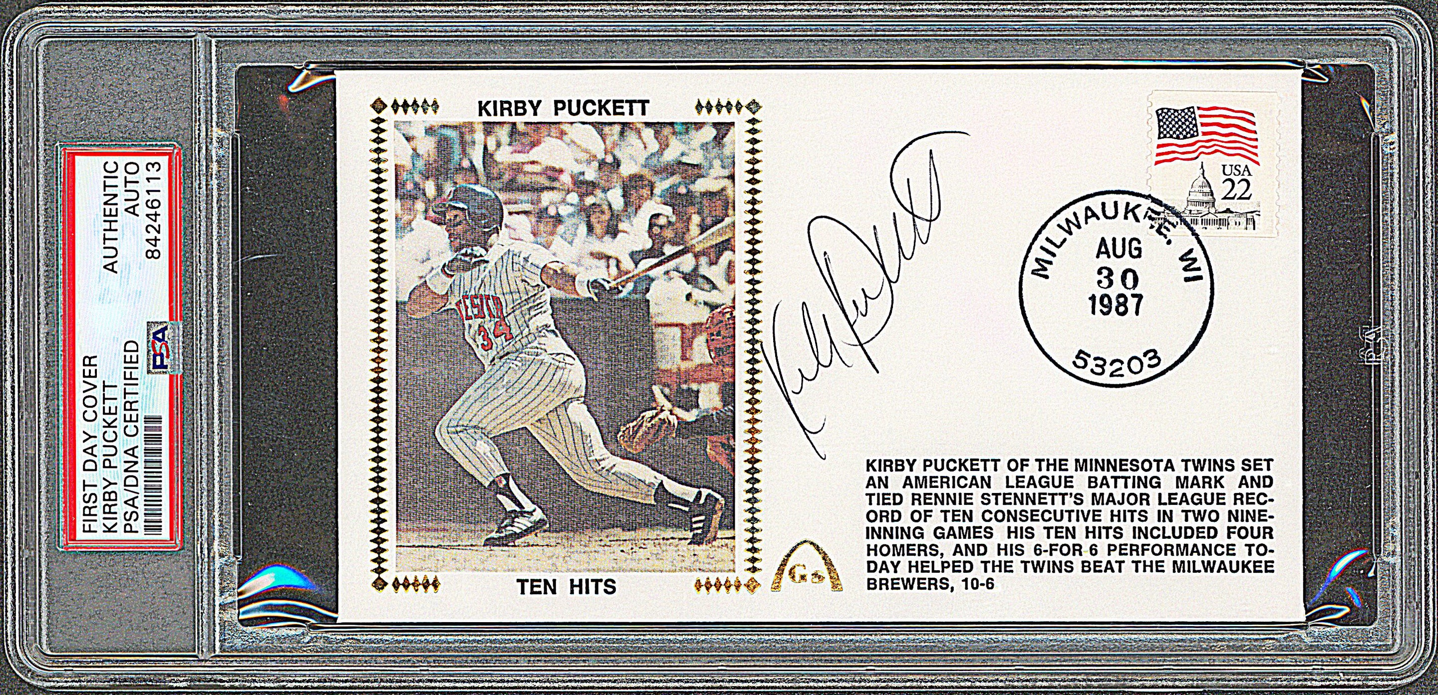 Twins Kirby Puckett Signed First Day Cover Postmarked August 30, 1987 PSA Slab